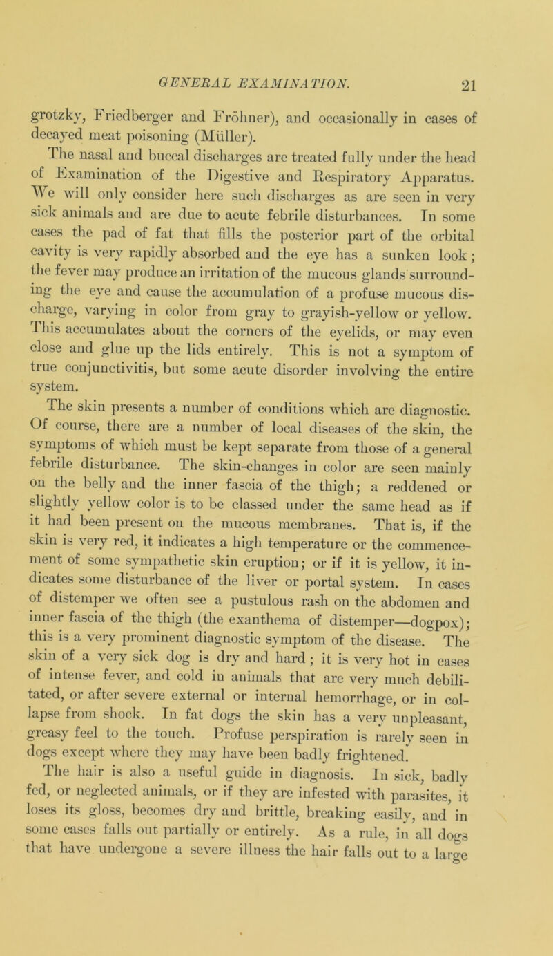 grotzky, Friedberger and Fröhner), and occasionally in cases of decayed meat poisoning (Müller). The nasal and buccal discharges are treated fully under the head of Examination of the Digestive and Respiratory Apparatus. We will only consider liere such discharges as are seen in very sich aniinals aud are due to acute febrile disturbances. In some cases the pad of fat that fills the posterior part of the orbital cavity is very rapidly absorbed and the eye has a sunken look; the fever may produce an irritation of the mucous glands surround- ing the eye and cause the accumulation of a profuse mucous dis- charge, varying in color from gray to grayish-yellow or yellow. This accumulates about the corners of the eyelids, or may even close and glue up the lids entirely. This is not a Symptom of true Conjunctivitis, but some acute disorder involving the entire System. The skin presents a number of conditions which are diagnostic. Of course, there are a number of local diseases of the skin, the Symptoms of which must be kept separate from those of a general febrile disturbance. The skin-changes in color are seen mainly on the belly and the inner fascia of the thigh; a reddened or slightly yellow color is to be classed under the same head as if it had been present on the mucous membranes. That is, if the skin is 's ery red, it indicates a high temperature or the commence- ment of some sympathetic skin eruption; or if it is yellow, it in- dicates some disturbance of the liver or portal System. In cases of distemper we often see a pustulous rash on the abdomen and inner fascia of the thigh (the exanthema of distemper—dogpox); this is a very prominent diagnostic Symptom of the disease. The skin of a very sick dog is dry and hard ; it is very hot in cases of intense fever, and cold iu animals that are very much debili- tated, or after severe external or internal hemorrhage, or in col- lapse fiom shock. In fat dogs the skin has a very unpleasant greasy feel to the touch. Profuse perspiration is rarely seen in dogs except where they may liave been badly frightened. The hair is also a useful guide in diagnosis. In sick, badly fed, or neglected animals, or if they are infested with parasites, it loses its gloss, becomes dry and brittle, breaking easily, and' in some cases falls out partially or entirely. As a rule, in all dogs that liave undergone a severe illuess the hair falls out to a large