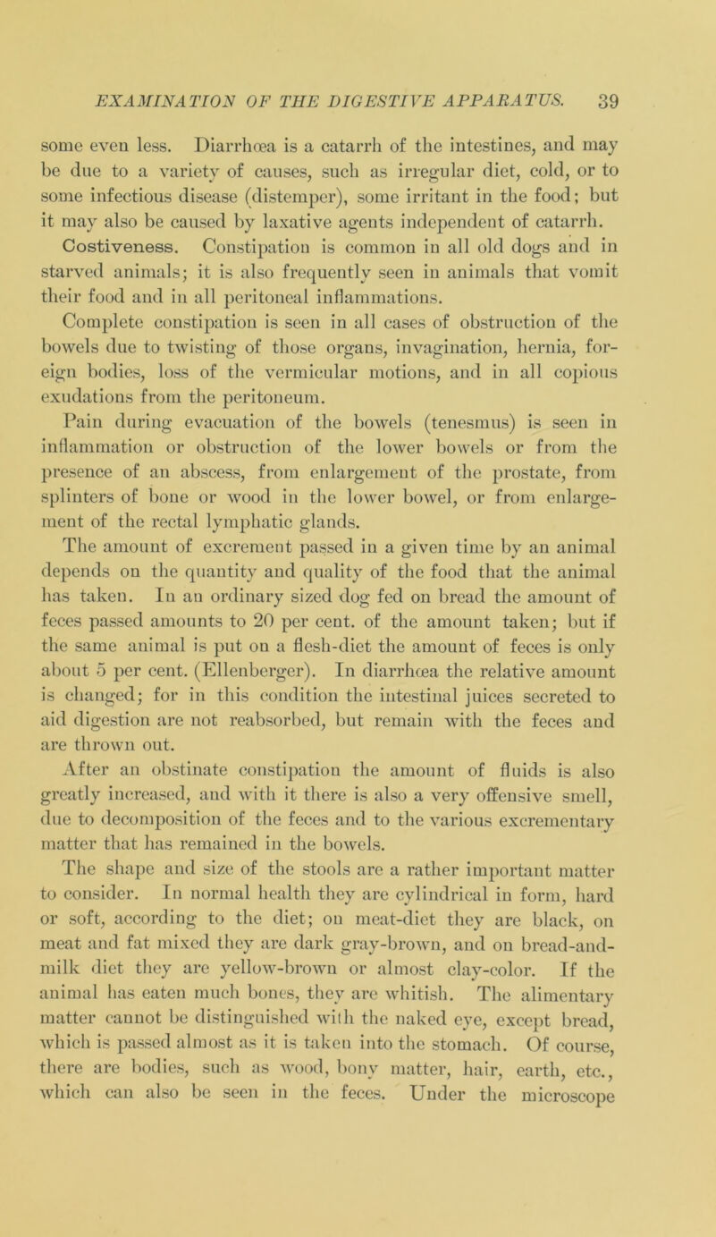somc even less. Diarrhcea is a catarrh of the intestines, and may be due to a variety of causes, such as irregulär diet, cold, or to some infectious disease (distemper), sorne irritant in the food; but it may also be caused by laxative agents independent of catarrh. Costiveness. Constipatiou is common in all old dogs and in starved animals; it is also frequently seen in animals that vomit their food and in all peritoneal inflammations. Complete constipatiou is scen in all cases of obstruction of the bowels due to twisting of those organs, in vagmation, hernia, for- eign bodies, loss of the vermicular motions, and in all copious exudations from the peritoneum. Pain during evacuation of the bowels (tenesmus) is seen in inflammation or obstruction of the lower bowels or from the presence of an abscess, from enlargement of the prostate, from splinters of bone or wood in the lower bowel, or from enlarge- ment of the rectal lymphatic glands. The amount of excrement passed in a given time by an animal depends on the quantity and quality of the food that the animal has taken. In an ordinary sized dog fed on bread the amount of feces passed amounts to 20 per cent. of the amount taken; but if the same animal is put on a flesh-diet the amount of feces is only about 5 per cent. (Ellenbcrgcr). In diarrhcea the relative amount is changed; for in this condition the intestinal juices secreted to aid digestion are not reabsorbed, but remain with the feces and are thrown out. After an obstinate constipatiou the amount of fluids is also greatly increased, and with it there is also a very offensive smell, due to decomposition of the feces and to the various excrementary matter that has remained in the bowels. The shape and size of the stools are a rather important matter to consider. In normal health they are cylindrical in form, hard or soft, according to the diet; on meat-diet they are black, on meat and fat mixed they are dark gray-brown, and on bread-and- milk diet they are yellow-brown or almost clay-color. If the animal has eaten rauch bones, they are whitish. The alimentary matter cannot be distinguished with the naked eye, except bread, which is passed almost as it is taken into the stomach. Of course, there are bodies, such as wood, bony matter, hair, earth, etc., which can also be seen in the feces. Under the microscope