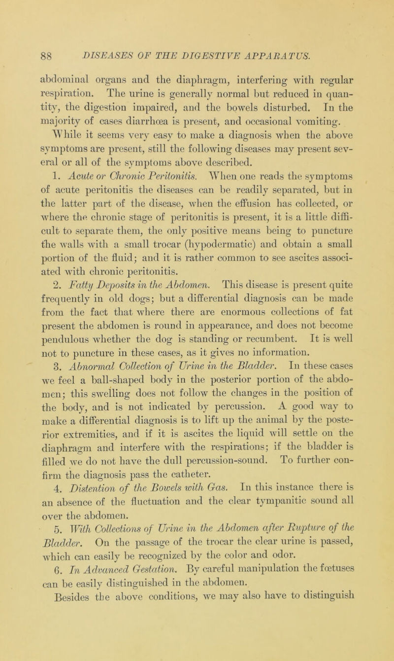 abdominal orgaus and the diaphragm, interfering with regulär respiration. The urine is generally normal but reduced in quan- tity, the digestiou impaired, and the bowels disturbed. T11 the majority of cases diarrhoea is present, and occasional vomiting. AVhile it seems very easy to make a diagnosis when the above Symptoms are present, still tlie following diseases may present sev- eral or all of the Symptoms above described. 1. Acute or Chronic Peritonitis. When one reads the Symptoms of acute peritonitis the diseases can be readily separated, but iu the latter part of the disease, when the effusion has collected, or where the chronic stage of peritonitis is present, it is a little diffi- cult to separate tliem, the only positive means being to punctnre the walls with a small trocar (hypodermatic) and obtain a small portion of the fluid; and it is rather common to see ascites associ- ated with chronic peritonitis. 2. Fatty Deposits in the Abdomen. This disease is present quite frequently in old dogs; but a differential diagnosis can be made from the fact that where there are enormous collections of fat present the abdomen is round in appearauce, and does not become pendulous whether the dog is Standing or recumbent. It is well not to pimcture in these cases, as it gives no information. 8. Abnormal Collection of Urine in the Bladder. In these cases we feel a ball-shaped body in the posterior portion of the abdo- men; this swelling does not follow the changes in the position of the body, and is not indicated by percussion. A good way to make a differential diagnosis is to lift up the animal by the poste- rior extremities, and if it is ascites the liquid will settle on the diaphragm and interfere with the respirations; if the bladder is filled we do not have the doll percussion-sound. To further con- firni the diagnosis pass the catheter. 4. Distention of the Bowels with Gas. In this instance there is an absence of the fluctuation and the clear tympanitic sound all over the abdomen. 5. With Collections of Urine in the Abdomen after Rupture of the Bladder. On the passage of the trocar the clear urine is passed, which can easily be recognized by the color and odor. 6. In Advanced Gestation. By careful manipulation the foetuses can be easily distinguished in the abdomen. Besides tbe above conditions, we may also have to distinguish