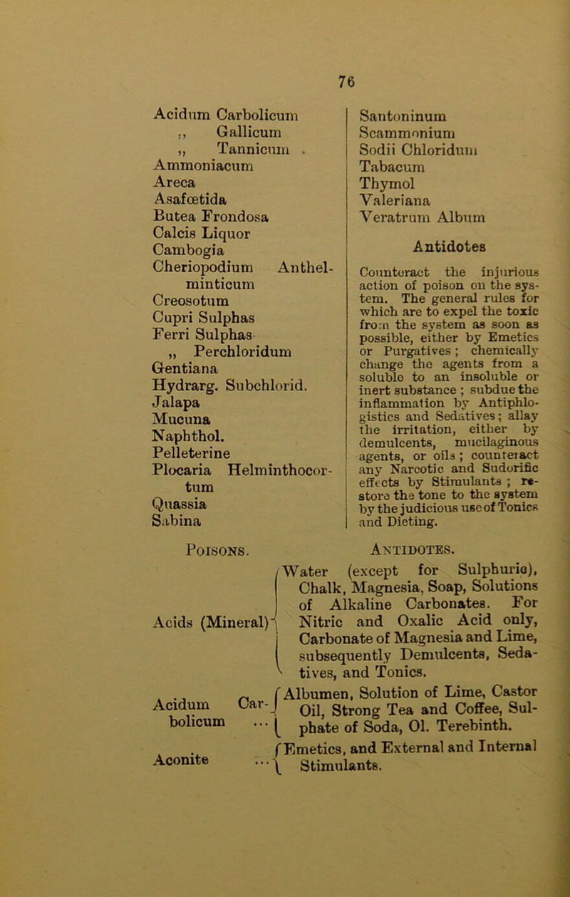 Acidnm Carbolicum ,, Gallicum „ Tannicmu . Ammoniacnm Areca Asafoetida Butea Frondosa Calcis Liquor Cambogia Oheriopodium Anthel- minticum Creosotum Cupri Sulphas Ferri Sulphas „ Perchloriduni Gentiana Hydrarg. Subchlorid. J alapa Mucuna Naphthol. Pelleterine Plocaria Helminthocor- tum Quassia Siibina Santoninum Scammoniuni Sodii Chloriduin Tabacum Thymol Valeriana Veratrum Album Antidotes Conntoract the injurious action of poison on the sys- tem. The general rules for which are to expel the toxic from the sj’stem as soon as possible, either by Emetics or Purgatives; chemically change the agents from a soluble to an insoluble or inert substance ; subdue the inflammation by Antiphlo- gistics and Sedatives; allay the irritation, either by demulcents, mucilaginous agents, or oils ; counteiact i any Narcotic and Sudorific I effects by Stimulants ; r«- I store the tone to the system I by the j udicious use of Tonics 1 and Dieting. Poisons. Antidotes. Water (except for Sulphurio), Chalk, Magnesia, Soap, Solutions of Alkaline Carbonates. For Acids (Mineral)^ Nitric and Oxalic Acid only, I Carbonate of Magnesia and Lime, 1 subsequently Demulcents, Seda- ^ tives, and Tonics. rAlbumen, Solution of Lime, Castor Acidum Car-^ qjj^ Strong Tea and Coffee, Sul- bolicum ... phate of Soda, 01. Terebinth. fKmetics, and External and Internal Aconite ... ’^ Stimulants.