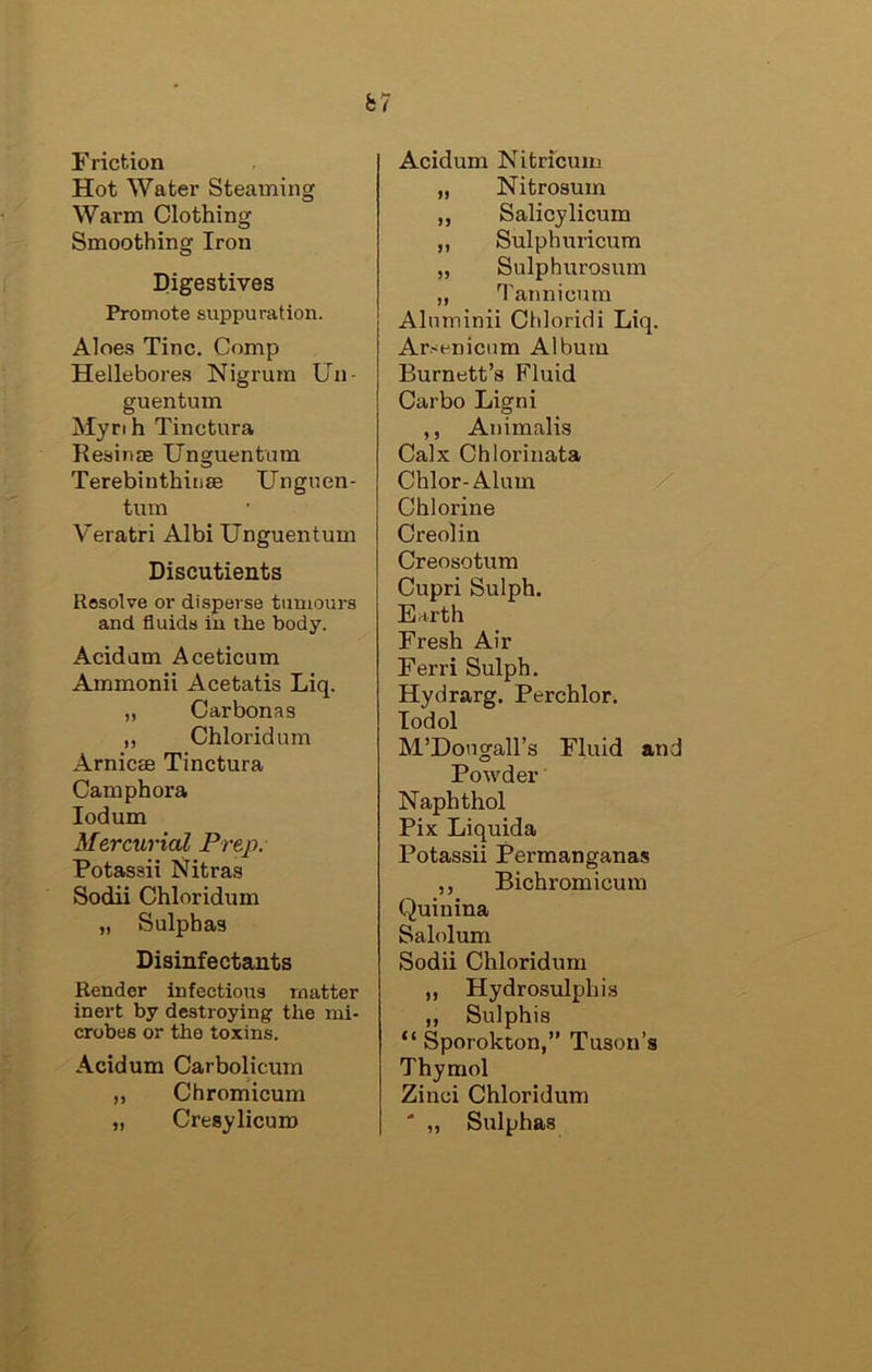 F riction Hot Water Steaming Warm Clothing Smoothing Iron Digestives Promote suppuration. Aloes Tine. Comp Hellebores Nigrum Un- guentum Mynh Tinctura ResiruE Unguentum Tereblnthirise Unguen- tiun Veratri Albi Unguentum Discutients Resolve or disperse tumours and fluids in the body. Acid am Aceticum Ammonii Acetatis Liq. „ Carbonas ,, Chloridum Arnicse Tinctura Cam ph ora lodum Mercurial Prep. Potassii Nitras Sodii Chloridum „ Sulphas Disinfectants Render Infectious matter inert by destroying the mi- crobes or the toxins. Acidum Carbolicum „ Chromicum „ Cresylicum Acidum Nitricuin „ Nitrosum ,, Salicylicum ,, Sulphuricum „ Sulphurosum „ Tannicum Alnminii Cldoridi Liq. Arsenicum Album Burnett’s Fluid Carbo Ligni ,, Animalis Calx Chlorinata Chlor-Alum Chlorine Creolin Creosotum Cupri Sulph. Earth Fresh Air Ferri Sulph. Hydrarg. Perchlor. Todol M’Dongall’s Fluid and Powder Naphthol Pix Liquida Potassii Permanganas ,, Bichromicum Quinina Salolum Sodii Chloridum „ Hydrosulphis ,, Sulphis “ Sporokton,” Tuson’s Thymol Zinci Chloridum ' „ Sulphas