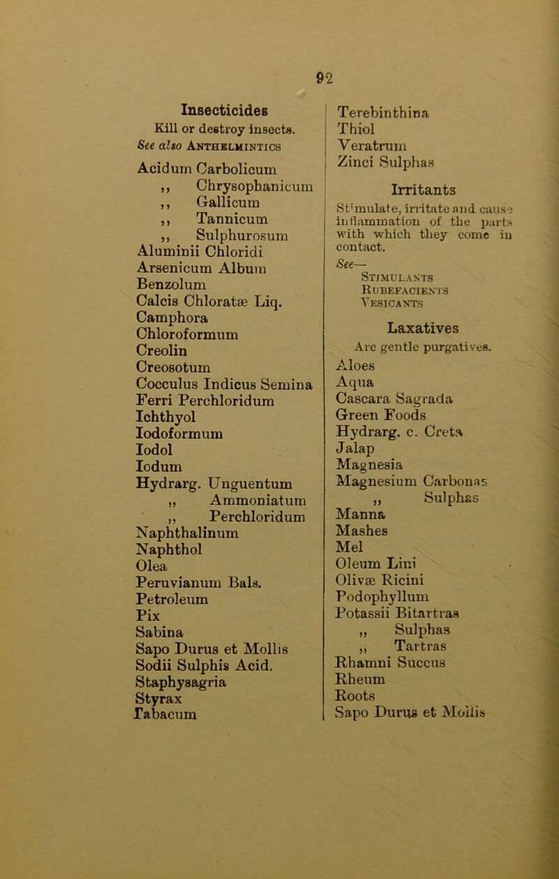 Insecticides Kill or destroy Insects. See alto Anthelmintics Acidum Carbolicum ,, Chrysophanicum ,, Gallicum „ Tannicum ,, Sulphurosum Aluminii Chloridi Arsenicum Album Benzolum Calcis Chloratse Liq. Camphora Chloroformum Creolin Creosotum Cocculus Indicus Semina Ferri Percbloridum Ichthyol lodoformum lodol lodum Hydrarg. Unguentum „ Ammoniatum ,, Percbloridum Naphthalinum Naphthol Olea Peruvianum Bals. Petroleum Pix Sabina Sapo Durus et Mollis Sodii Sulphis Acid. Staphysagria Styrax Tabacum ! Terebinthina 1 Thiol j Veratrum j Zinci Sulphas Irritants Stimulate, irritete and cause inflammation of the parts with which they come in contact. See— Stimulants Rubefacients Vesicants Laxatives Arc gentle purgatives. Aloes Aqua Cascara Sagrada Green Foods Hydrarg. c. Cret.a Jalap Magnesia Magnesium Carbonas „ Sulphas Manna Mashes Mel Oleum Litii Olivse Ricini Podophyllum Potassii Bitartras ,, Sulphas ,, Tartras Rhamni Succus Rheum Roots Sapo Durus et Mollis