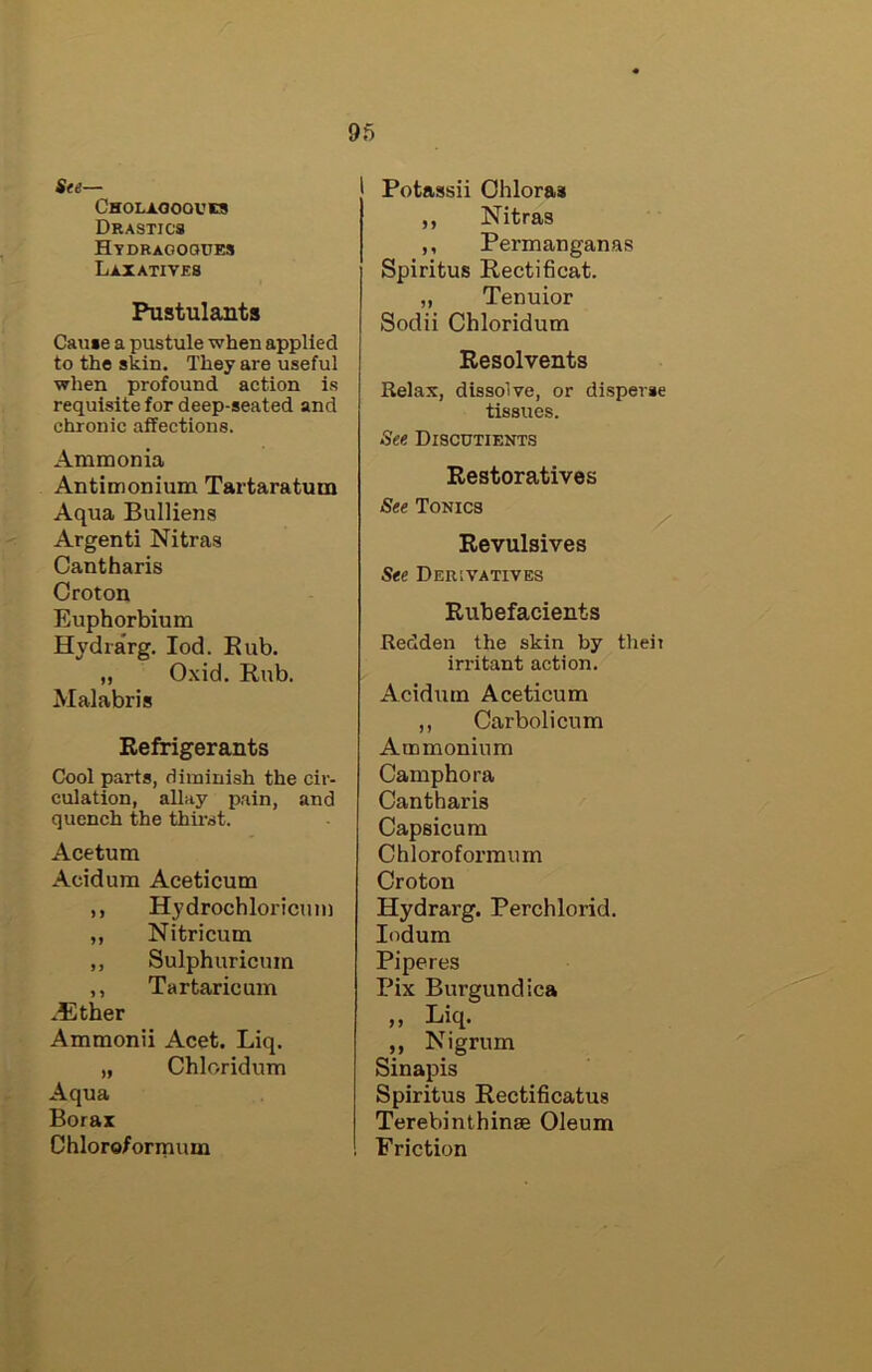 Ste— Cholagooucs Drastics Hydragooues Laxatives Pustulants Cause a pustule when applied to the skin. They are useful when profound action is requisite for deep-seated and chronic affections. Ammonia Antimonium Tartaratum Aqua Bullions Argenti Nitras Cantharis Croton Euphorbium Hvdrarg. lod. Kub. „ Oxid. Rub. Malabris Refrigerants Cool parts, diminish the cir- culation, allay pain, and quench the thii'st. Acetum Acidum Aceticum ,, H3’drochloricuin ,, Nitricum ,, Sulphuricum ,, Tartaricum .Ether Ammonii Acet. Liq. „ Chloridum Aqua Borax Chloro/ormum Potassii Ohloraa ,, Nitras ,, Permanganas Spiritus Rectificat. „ Tenuior Sodii Chloridum Resolvents Relax, dissolve, or disperse tissues. »Se« Discutients Restoratives See Tonics / Revulsives See Derivatives Rubefacients Redden the skin by theii irritant action. Acidum Aceticum ,, Carbolicum Ammonium Camphora Cantharis Capsicum Chloroformum Croton Hydrarg. Perchlorid. lodum Piperes Pix Burgundica ,, Liq. „ Nigrum Sinapis Spiritus Rectificatus Terebinthinae Oleum Friction