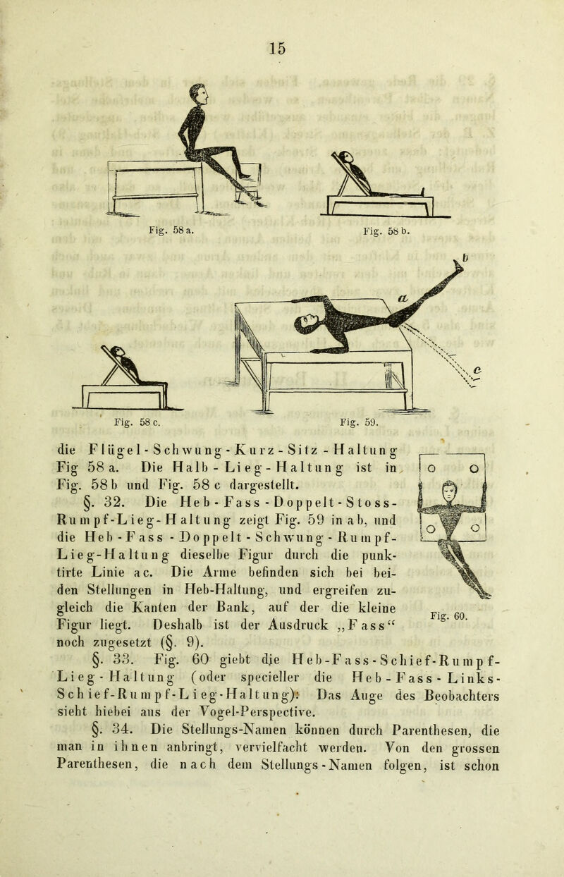 die F l iige 1 - S chwu ng - K u r z - Si tz - Haltung Fig 58 a. Die Halb - Li e g - H altun g ist in Fig. 58 b und Fig. 58 c dargestellt. §. 32. Die He b - Fas s - D op peit - S to ss- Rum pf-Lieg-H altu ng zeigt Fig. 59 in ab, und die Heb-Fass - Doppelt-Schwung-Rum pf- Lieg-Haltung dieselbe Figur durch die punk- tirte Linie ac. Die Arme befinden sich bei bei- den Stellungen in Heb-Haltung, und ergreifen zu- gleich die Kanten der Bank, auf der die kleine Figur liegt. Deshalb ist der Ausdruck „Fass“ noch zugesetzt (§. 9). §. 33. Fig. 60 giebt die H eb -F a ss - S chief-Ru m pf- Lieg -Haltung (oder specieller die Heb-Fass-Links- Schief-Rumpf-Lieg-Haltung)i Das Auge des Beobachters sieht hiebei aus der Vogel-Perspective. §. 34. Die Stellungs-Namen können durch Parenthesen, die man in ihnen anbringt, vervielfacht werden. Von den grossen Parenthesen, die nach dem Stellungs - Namen folgen, ist schon