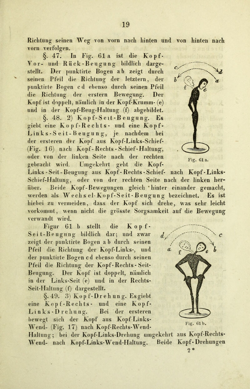 Richtung- seinen Weg von vorn nach hinten und von hinten nach vorn verfolgen. §. 47. In Fig. 61a ist die Kopf- Vor- und R ü ck -B eu gun g bildlich darge- stellt. Der punktirte Bogen ab zeigt durch seinen Pfeil die Richtung der letzlern, der punktirte Bogen cd ebenso durch seinen Pfeil die Richtung der erstem Bewegung. Der Kopf ist doppelt, nämlich in der Kopf-Krumm- (e) und in der Kopf-Beug-Haltung (f) abgebildet. §. 48. 2) Kopf-Seit-B eugung. Es giebt eine Kopf-Rechts- und eine Kopf- Lin k s - S e it- B eugu n g, je nachdem bei der ersteren der Kopf aus Kopf-Links-Schief- (Fig. 16) nach Kopf-Rechts - Schief-Haltung, oder von der linken Seite nach der rechten gebracht wird. Umgekehrt geht die Kopf- Links - Seit-Beugung aus Kopf-Rechts - Schief- nach Kopf-Links- Schief-Haltung, oder von der rechten Seite nach der linken her- über. Beide Kopf-Bewegungen gleich ‘hinter einander gemacht, werden als Wechs el-Kopf-Seit-B eugung bezeichnet. Es ist hiebei zu vermeiden, dass der Kopf sich drehe, was sehr leicht vorkommt, wenn nicht die grösste Sorgsamkeit auf die Bewegung verwandt wird. Figur 61 b stellt die Kopf- Seit-Beugung bildlich dar; und zwar zeigt der punktirte Bogen ab durch seinen Pfeil die Richtung der Kopf-Links-, und der punktirte Bogen cd ebenso durch seinen Pfeil die Richtung der Kopf-Rechts - Seit- Beugung. Der Kopf ist doppelt, nämlich in der Links-Seit (e) und in der Rechts- Seit-Haltung (f) dargestellt. §.49. 3) Kop f-Dr eh un g. Es giebt eine Kopf-Rechts- und eine Kopf- Lin ks - D re hu ng. Bei der ersteren bewegt sich der Kopf aus Kopf Links- Wend- (Fig. 17) nach Kopf-Rechts-Wend- Haltung; bei der Kopf-Links-Drehung umgekehrt aus Kopf-Rechts- Wend- nach Kopf-Links-Wend-Haltung. Beide Kopf-Drehungen Fig. 61b.