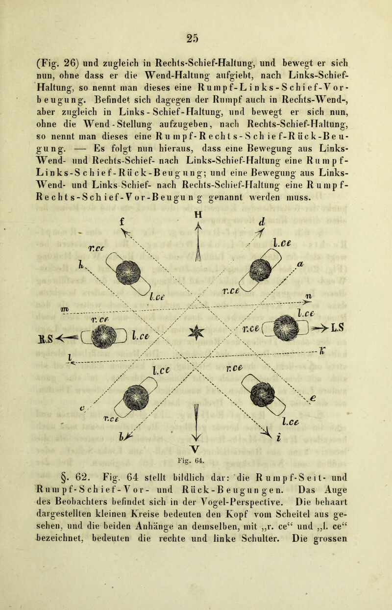 (Fig. 26) und zugleich iu Rechts-Schief-Haltung, und bewegt er sich nun, ohne dass er die Wend-Haltung aufgiebt, nach Links-Schief- Haltung, so nennt man dieses eine Rumpf-L i n ks - S chi ef-V or- beugung. Befindet sich dagegen der Rumpfauch in Rechts-Wend-, aber zugleich in Links - Schief-Haltung, und bewegt er sich nun, ohne die Wend - Stellung aufzugeben, nach Rechts-Schief-Haltung, so nennt man dieses eine Ru m pf-R echt s-S ch ie f-Rück-B e u- gung. — Es folgt nun hieraus, dass eine Bewegung aus Liuks- Wend- und Rechts-Schief- nach Links-Schief-Haltung eine Ru m p f- Links-Schief-Rück-Beugung; und eine Bewegung aus Links- Wend- und Links Schief- nach Rechts-Schief-Haltung eineRumpf- Rechts-Schief-Vor-Beugung genannt werden muss. V Fig. 64. §. 62. Fig. 64 stellt bildlich dar: die Rumpf-Seit- und R u m p f-S ch i ef - V or - und Riick-B eugun gen. Das Auge des Beobachters befindet sich in der Vogel-Perspective. Die behaart dargestellten kleinen Kreise bedeuten den Kopf vom Scheitel aus ge- sehen, und die beiden Anhänge an demselben, mit „r. ce“ und „1. ce“ bezeichnet, bedeuten die rechte und linke Schulter. Die grossen