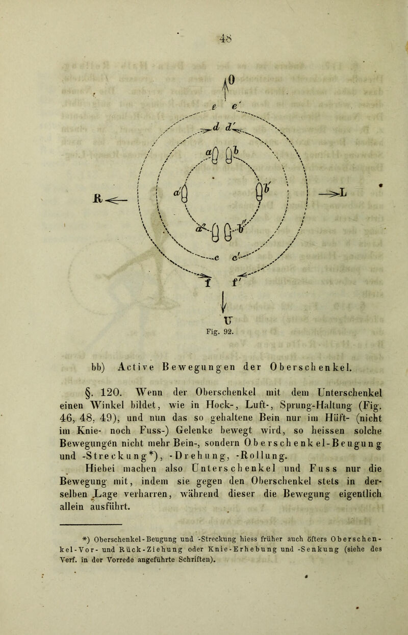 f _£.■ e' \ ü Fig. 92. bb) Active Bewegungen der Oberschenkel. §. 120. Wenn der Oberschenkel mit dem Unterschenkel einen Winkel bildet, wie in Hock-, Luft-, Sprung-Haltung (Fig. 46, 48, 49), und nun das so gehaltene Bein nur im Hilft- (nicht im Knie- noch Fuss-) Gelenke bewegt wird, so heissen solche Bewegungen nicht mehr Bein-, sondern Oberschenkel-Beugung und -Streckung*), -Drehung, -Rollung. Hiebei machen also Unterschenkel und Fuss nur die Bewegung mit, indem sie gegen den Oberschenkel stets in der- selben JLage verharren, während dieser die Bewegung eigentlich allein ausführt. *) Oberschenkel-Beugung und -Streckung Iness früher auch öfters Oberschen- kel-Vor- und Rück-Ziehung oder Knie-Erhebung und -Senkung (siehe des Verf. in der Vorrede angeführte Schriften).