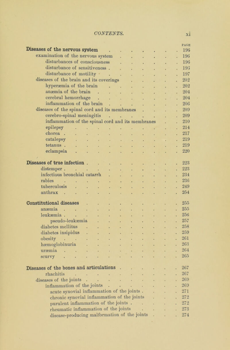 xi PAGE Diseases of the nervous system 196 examination of the nervous system 196 disturbances of consciousness 196 disturbance of sensitiveness 193 disturbance of motility 197 diseases of the brain and its coverings ..... 202 hypersemia of the brain 202 anaemia of the brain ........ 204 cerebral hemorrhage ........ 204 inflammation of the brain ....... 206 diseases of the spinal cord and its membranes .... 209 cerebro-spinal meningitis ....... 209 inflammation of the spinal cord and its membranes . . 210 epilepsy .......... 214 chorea 217 catalepsy 219 tetanus 219 eclampsia 220 Diseases of true infection 223 distemper 223 infectious bronchial catarrh ....... 234 rabies ........... 236 tuberculosis . 249 anthrax ...... 254 Constitutional diseases 255 anaemia ........... 255 leukaemia 256 pseudo-leukaemia . 257 diabetes mellitus 258 diabetes insipidus . . 259 obesity . 261 haemoglobinuria ......... 263 uraemia . 264 scurvy . 265 Diseases of the bones and articulations 267 rhachitis .......... 267 diseases of the joints 269 inflammation of the joints ....... 269 acute synovial inflammation of the joints . . . .271 chronic synovial inflammation of the joints . . . 272 purulent inflammation of the joints 272 rheumatic inflammation of the joints .... 273 disease-producing malformation of the joints . . . 274