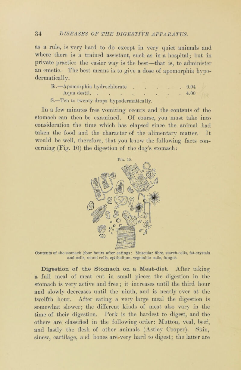 as a rule, is very hard to do except in very quiet animals and where there is a trained assistant, such as in a hospital; but in private practice the easier way is the best—that is, to administer an emetic. The best means is to give a dose of apomorphia hypo- dermatically. R.—Apomorphia hydrochlorate 0.04 Aqua destil. 4.00 S.—Ten to twenty drops hypodermatically. In a few minutes free vomiting occurs and the contents of the stomach can then be examined. Of course, you must take into consideration the time which has elapsed since the animal had taken the food and the character of the alimentary matter. It would be well, therefore, that you know the following facts con- cerning (Fig. 10) the digestion of the dog’s stomach: Fig. 10. Contents of the stomach (four hours after eating): Muscular fibre, starch-cells, fat-crystals and cells, round cells, epithelium, vegetable cells, fungus. Digestion of the Stomach on a Meat-diet. After taking a full meal of meat cut in small pieces the digestion in the stomach is very active and free; it increases until the third hour and slowly decreases until the ninth, and is nearly over at the twelfth hour. After eating a very large meal the digestion is somewhat slower; the different kinds of meat also vary in the time of their digestion. Pork is the hardest to digest, and the others are classified in the following order: Mutton, veal, beef, and lastly the flesh of other animals (Astlev Cooper). Skin, sinew, cartilage, and bones a re-very hard to digest; the latter are