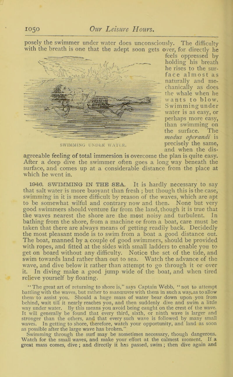 posely the swimmer under water does unconsciously. The difficulty with the breath is one that the adept soon gets over, for directly he agreeable feeling of total immersion is overcome the plan is quite easy. After a deep dive the swimmer often goes a long way beneath the surface, and comes up at a considerable distance from the place at which he went in. 1946. SWIMMING IN THE SEA. It is hardly necessary to say that salt water is more buoyant than fresh ; but though this is the case, swimming in it is more difficult by reason of the waves, which are apt to be somewhat wilful and contrary now and then. None but very good swimmers should venture far from the land, though it is true that the waves nearest the shore are the most noisy and turbulent. In bathing from the shore, from a machine or from a boat, care must be taken that there are always means of getting readily back. Decidedly the most pleasant mode is to swim from a boat a good distance out. The boat, manned by a couple of good swimmers, should be provided with ropes, and fitted at the sides with small ladders to enable you to get on board without any difficulty. Notice the set of the tide, and swim towards land rather than out to sea. Watch the advance of the wave, and dive below it rather than attempt to go through it or over it. In diving make a good jump wide of the boat, and when tired relieve yourself by floating.  The great art of returning to shore is,” says Captain Webb, “ not to attempt battling with the waves, but rather to manoeuvre with them in such a way.as to allow them to assist you. Should a huge mass of water bear down upon you from behind, wait till it nearly reaches you, and then suddenly dive and swim a little way under water. By this means you avoid being caught on the crest of the wave. It will generally be found that every third, sixth, or ninth wave is larger and stronger than the others, and that every such wave is followed by many small waves. In getting to shore, therefore, watch your opportunity, and land as soon as possible after the large wave has broken.” Swimming through the surf may be sometimes necessary, though dangerous. Watch for the small waves, and make your effort at the calmest moment. If a great mass comes, dive ; and directly it has passed, swim ; then dive again and SWIMMING UNDEK WATLK feels oppressed by holding his breath he rises to the sur- face almost as naturally and me- chanically as does the whale when he wants to blow. Swimming under water is as easy, or perhaps more easy, than swimming on the surface. The modus operandi is precisely the same, and when the dis-