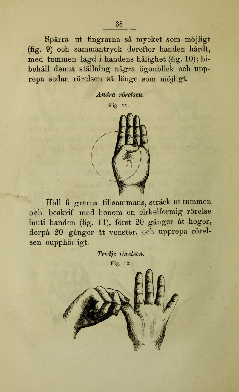 Spärra ut fingrarna så mycket som möjligt (fig. 9) och sammantryck derefter handen hårdt, med tummen lagd i handens hålighet (fig. 10); bi- behåll denna ställning några ögonblick och upp- repa sedan rörelsen så länge som möjligt. Andra rörelsen. Fig. 11. Håll fingrarna tillsammans, sträck ut tummen och beskrif med honom en cirkelformig rörelse inuti handen (fig. 11), först 20 gånger åt höger, derpå 20 gånger åt venster, och upprepa rörel- sen oupphörligt. Tredje rörelsen.