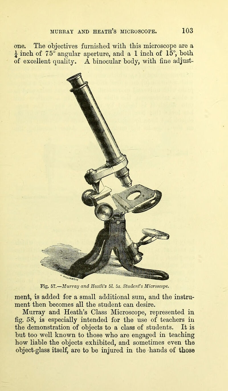 one. The objectives furnished with this microscope are a £ inch of 75° angular aperture, and a 1 inch of 15°, both of excellent quality. A binocular body, with fine adjust- Fig. 57.—Murray and Heath's 51. 5s. Students Microscope. ment, is added for a small additional sum, and the instru- ment then becomes all the student can desire. Murray and Heath’s Class Microscope, represented in fig. 58, is especially intended for the use of teachers in the demonstration of objects to a class of students. It is but too well known to those who are engaged in teaching how liable the objects exhibited, and sometimes even the object-glass itself, are to be injured in the hands of those