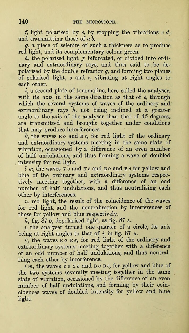 f light polarised by e, by stopping the vibrations c d, and transmitting those of a b. g, a piece of selenite of such a thickness as to produce red light, and its complementary colour green. h, the polarised light / bifurcated, or divided into ordi- nary and extraordinary rays, and thus said to be de- polarised by the double refractor g, and forming two planes of polarised light, o and e, vibrating at right angles to each other. i, a second plate of tourmaline, here galled the analyser, with its axis in the same direction as that of e, through which the several systems of waves of the ordinary and extraordinary rays h, not being inclined at a greater angle to the axis of the analyser than that of 45 degrees, are transmitted and brought together under conditions that may produce interferences. k, the waves R o and r e, for red light of the ordinary and extraordinary systems meeting in the same state of vibration, occasioned by a difference of an even number of half undulations, and thus forming a wave of doubled intensity for red light. I m, the waves y o and y e and B o and b e for yellow and blue of the ordinary and extraordinary systems respec- tively meeting together, with a difference of an odd number of half undulations, and thus neutralising each other by interferences. n, red light, the result of the coincidence of the waves for red light, and the neutralisation by interferences of those for yellow and blue respectively. h, fig. 87 b, depolarised light, as fig. 87 a. i, the analyser turned one quarter of a circle, its axis being at right angles to that of i in fig. 87 A. k, the waves ro Re, for red light of the ordinary and extraordinary systems meeting together with a difference of an odd number of half undulations, and thus neutral- ising each other by interference. I m, the waves yo Ye and bo Be, for yellow and blue of the two systems severally meeting together in the same state of vibration, occasioned by the difference of an even number of half undulations, and forming by their coin- cidences waves of doubled intensity for yellow and blue light.