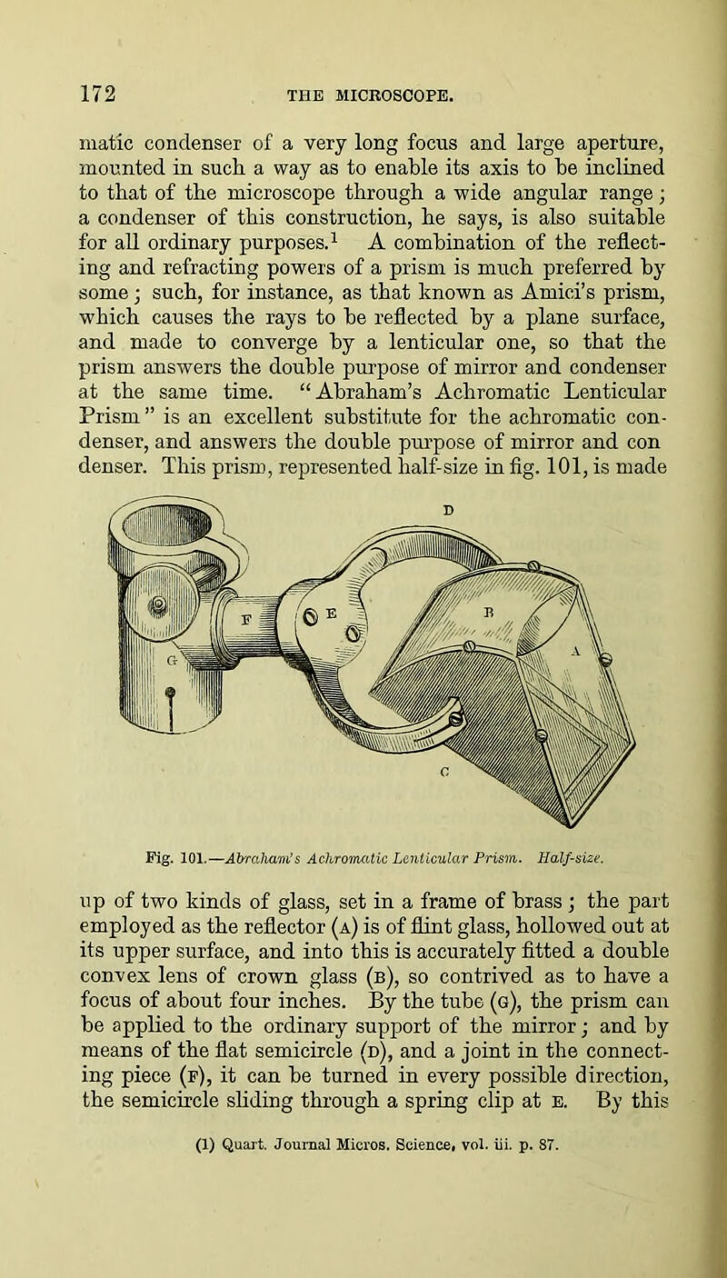 matic condenser of a very long focus and large aperture, mounted in such a way as to enable its axis to be inclined to that of the microscope through a wide angular range; a condenser of this construction, he says, is also suitable for all ordinary purposes.1 A combination of the reflect- ing and refracting powers of a prism is much preferred by some; such, for instance, as that known as Amici’s prism, which causes the rays to he reflected by a plane surface, and made to converge by a lenticular one, so that the prism answers the double purpose of mirror and condenser at the same time. “Abraham’s Achromatic Lenticular Prism” is an excellent substitute for the achromatic con- denser, and answers the double purpose of mirror and con denser. This prism, represented half-size in fig. 101, is made Pig. 101.—Abraham’s AchronuUic Lenticular Prism. Half-size. up of two kinds of glass, set in a frame of brass ; the part employed as the reflector (a) is of flint glass, hollowed out at its upper surface, and into this is accurately fitted a double convex lens of crown glass (b), so contrived as to have a focus of about four inches. By the tube (g), the prism can be applied to the ordinary support of the mirror; and by means of the flat semicircle (d), and a joint in the connect- ing piece (f), it can be turned in every possible direction, the semicircle sliding through a spring clip at e. By this (1) Quart. Journal Micros. Sciencfii vol. iii. p. 87.