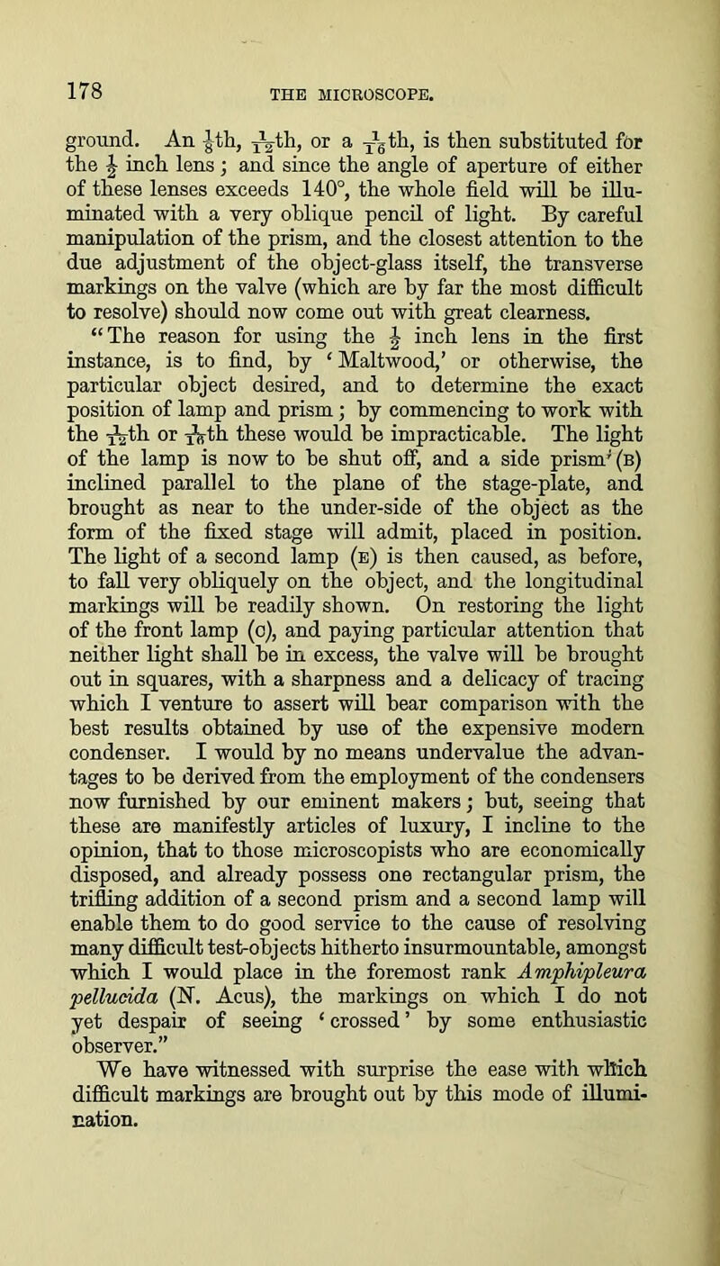 ground. An |-th, j^th, or a Jgth, is then substituted for the \ inch lens; and since the angle of aperture of either of these lenses exceeds 140°, the whole field will he illu- minated with a very oblique pencil of light. By careful manipulation of the prism, and the closest attention to the due adjustment of the object-glass itself, the transverse markings on the valve (which are by far the most difficult to resolve) should now come out with great clearness. “The reason for using the inch lens in the first instance, is to find, by ‘ Maltwood,’ or otherwise, the particular object desired, and to determine the exact position of lamp and prism ; by commencing to work with the ta-th or -j^th these would be impracticable. The light of the lamp is now to he shut off, and a side prism' (b) inclined parallel to the plane of the stage-plate, and brought as near to the under-side of the object as the form of the fixed stage will admit, placed in position. The light of a second lamp (e) is then caused, as before, to fall very obliquely on the object, and the longitudinal markings will be readily shown. On restoring the light of the front lamp (c), and paying particular attention that neither light shall he in excess, the valve will he brought out in squares, with a sharpness and a delicacy of tracing which I venture to assert will hear comparison with the best results obtained by use of the expensive modern condenser. I would by no means undervalue the advan- tages to be derived from the employment of the condensers now furnished by our eminent makers; but, seeing that these are manifestly articles of luxury, I incline to the opinion, that to those microscopists who are economically disposed, and already possess one rectangular prism, the trifling addition of a second prism and a second lamp will enable them to do good service to the cause of resolving many difficult test-objects hitherto insurmountable, amongst which I would place in the foremost rank Amphipleura pelludda (H. Acus), the markings on which I do not yet despair of seeing ‘ crossed ’ by some enthusiastic observer.” We have witnessed with surprise the ease with which difficult markings are brought out by this mode of illumi- nation.