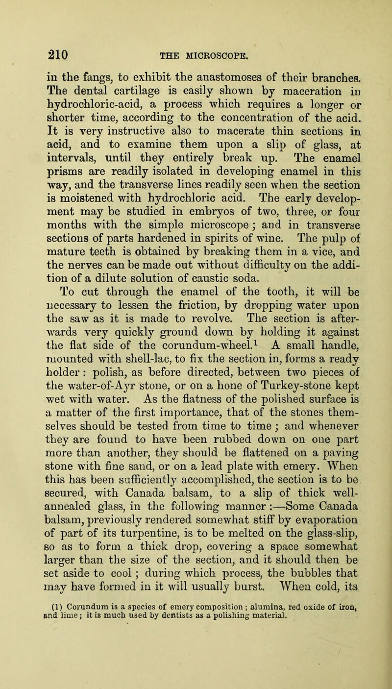 in the fangs, to exhibit the anastomoses of their branches. The dental cartilage is easily shown by maceration in hydrochloric-acid, a process which requires a longer or shorter time, according to the concentration of the acid. It is very instructive also to macerate thin sections in acid, and to examine them upon a slip of glass, at intervals, until they entirely break up. The enamel prisms are readily isolated in developing enamel in this way, and the transverse lines readily seen when the section is moistened with hydrochloric acid. The early develop- ment may be studied in embryos of two, three, or four months with the simple microscope ; and in transverse sections of parts hardened in spirits of wine. The pulp of mature teeth is obtained by breaking them in a vice, and the nerves can be made out without difficulty on the addi- tion of a dilute solution of caustic soda. To cut through the enamel of the tooth, it will be necessary to lessen the friction, by dropping water upon the saw as it is made to revolve. The section is after- wards very quickly ground down by holding it against the flat side of the corundum-wheel.1 A small handle, mounted with shell-lac, to fix the section in, forms a ready holder: polish, as before directed, between two pieces of the water-of-Ayr stone, or on a hone of Turkey-stone kept wet with water. As the flatness of the polished surface is a matter of the first importance, that of the stones them- selves should be tested from time to time ; and whenever they are found to have been rubbed down on one part more than another, they should be flattened on a paving stone with fine sand, or on a lead plate with emery. When this has been sufficiently accomplished, the section is to be secured, with Canada balsam, to a slip of thick well- annealed glass, in the following manner:—Some Canada balsam, previously rendered somewhat stiff by evaporation of part of its turpentine, is to be melted on the glass-slip, so as to form a thick drop, covering a space somewhat larger than the size of the section, and it should then be set aside to cool; during which process, the bubbles that may have formed in it will usually burst. When cold, its (1) Corundum is a species of emery composition ; alumina, red oxide of iron, and lime; it is much used by dentists as a polishing material.