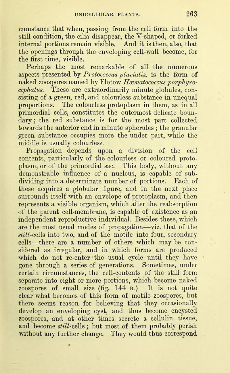 cumstance that when, passing from the cell form into tho still condition, the cilia disappear, the Y-shaped, or forked internal portions remain visible. And it is then, also, that the openings through the enveloping cell-wall become, for the first time, visible. Perhaps the most remarkable of all the numerous aspects presented by Protococcus pluvialis, is the form of naked zoospores named by Flotow Hcematococcus porphijro- cephalus. These are extraordinarily minute globules, con- sisting of a green, red, and colourless substance in unequal proportions. The colourless protoplasm in them, as in all primordial cells, constitutes the outermost delicate boun- dary ; the red substance is for the most part collected towards the anterior end in minute spherules; the granular green substance occupies more the under part, while the middle is usually colourless. Propagation depends upon a division of the cell contents, particularly of the colourless or coloured proto- plasm, or of the primordial sac. This body, without any demonstrable influence of a nucleus, is capable of sub- dividing into a determinate number of portions. Each of these acquires a globular figure, and in the next place surrounds itself with an envelope of protoplasm, and then represents a visible organism, which after the reabsorption of the parent cell-membrane, is capable of existence as an independent reproductive individual. Besides these, which are the most usual modes of propagation—viz. that of the sfo'W-cells into two, and of the motile into four, secondary cells—there are a number of others which may be con- sidered as irregular, and in which forms are produced which do not re-enter the usual cycle until they have gone through a series of generations. Sometimes, under certain circumstances, the cell-contents of the still form separate into eight or more portions, which become naked zoospores of small size (fig. 144 b.) It is not quite clear what becomes of this form of motile zoospores, but there seems reason for believing that they occasionally develop an enveloping cyst, and thus become encysted zoospores, and at other times secrete a cellulin tissue, and become still-cells; but most of them probably perish without any further change. They would thus correspond