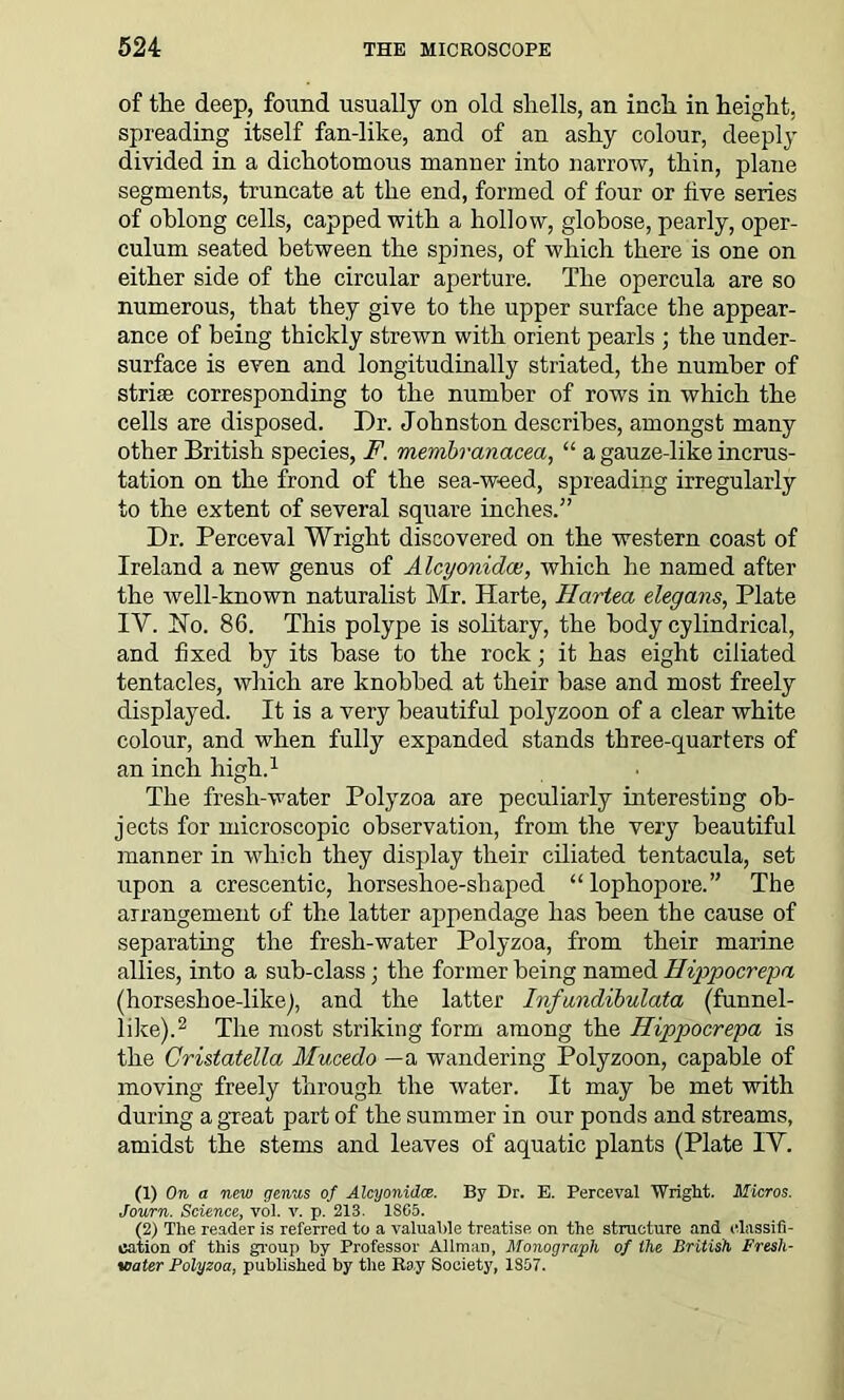 of the deep, found usually on old shells, an inch in height, spreading itself fan-like, and of an ashy colour, deeply divided in a dichotomous manner into narrow, thin, plane segments, truncate at the end, formed of four or five series of oblong cells, capped with a hollow, globose, pearly, oper- culum seated between the spines, of which there is one on either side of the circular aperture. The opercula are so numerous, that they give to the upper surface the appear- ance of being thickly strewn with orient pearls ; the under- surface is even and longitudinally striated, the number of striae corresponding to the number of rows in which the cells are disposed. Dr. Johnston describes, amongst many other British species, F. membranacea, “ a gauze-like incrus- tation on the frond of the sea-weed, spreading irregularly to the extent of several square inches.” Dr. Perceval Wright discovered on the western coast of Ireland a new genus of Alcyonidai, which he named after the Avell-known naturalist Mr. Harte, Hcirtea elegans, Plate IV. No. 86. This polype is solitary, the body cylindrical, and fixed by its base to the rock; it has eight ciliated tentacles, which are knobbed at their base and most freely displayed. It is a very beautiful polyzoon of a clear white colour, and when fully expanded stands three-quarters of an inch high.1 The fresh-water Polyzoa are peculiarly interestiug ob- jects for microscopic observation, from the very beautiful manner in which they display their ciliated tentacula, set upon a crescentic, horseshoe-shaped “ lophopore.” The arrangement of the latter appendage has been the cause of separating the fresh-water Polyzoa, from their marine allies, into a sub-class; the former being named Hippocrepa (horseshoe-like), and the latter Infandibulata (funnel- like).2 The most striking form among the Hippocrepa is the Cristatella Mucedo —a wandering Polyzoon, capable of moving freely through the water. It may be met with during a great part of the summer in our ponds and streams, amidst the stems and leaves of aquatic plants (Plate IV. (1) On a new genus of Alcyonidce. By Dr. E. Perceval Wright. Micros. Journ. Science, vol. v. p. 213. 1S65. (2) The reader is referred to a valuable treatise on the structure and classifi- cation of this group by Professor Allman, Monograph of the British Fresh- water Polyzoa, published by the Ray Society, 1S07.