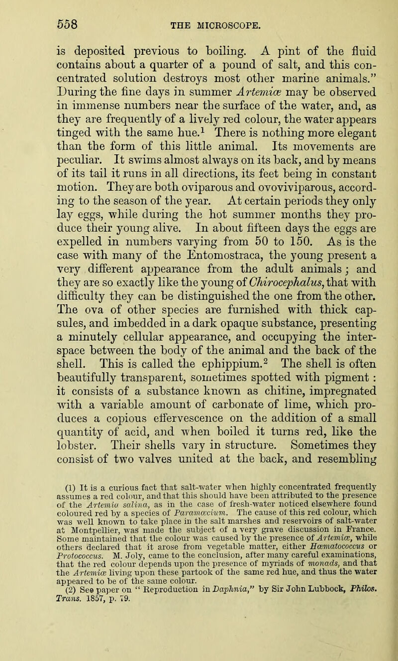 is deposited previous to boiling. A pint of the fluid contains about a quarter of a pound of salt, and this con- centrated solution destroys most other marine animals.” During the fine days in summer Artemioe may be observed in immense numbers near the surface of the water, and, as they are frequently of a lively red colour, the water appears tinged with the same hue.1 There is nothing more elegant than the form of this little animal. Its movements are peculiar. It swims almost always on its back, and by means of its tail it runs in all directions, its feet being in constant motion. They are both oviparous and ovoviviparous, accord- ing to the season of the year. At certain periods they only lay eggs, while during the hot summer months they pro- duce their young alive. In about fifteen days the eggs are expelled in numbers varying from 50 to 150. As is the case with many of the Entomostraca, the young present a very different appearance from the adult animals; and they are so exactly like the young of Chirocephalus, that with difficulty they can be distinguished the one from the other. The ova of other species are furnished with thick cap- sules, and imbedded in a dark opaque substance, presenting a minutely cellular appearance, and occupying the inter- space between the body of the animal and the back of the shell. This is called the ephippium.2 The shell is often beautifully transparent, sometimes spotted with pigment: it consists of a substance known as chitine, impregnated •with a variable amount of carbonate of lime, which pro- duces a copious effervescence on the addition of a small quantity of acid, and when boiled it turns red, like the lobster. Their shells vary in structure. Sometimes they consist of two valves united at the back, and resembling (1) It is a curious fact that salt-water when highly concentrated frequently assumes a red colour, and that this should have been attributed to the presence of the Artemiu salinci, as in the case of fresh-water noticed elsewhere found coloured red by a species of Paramcecium. The cause ot this red colour, which was well known to take place in the salt marshes and reservoirs of salt-water at Montpellier, was made the subject of a very grave discussion in France. Some maintained that the colour was caused by the presence of Artemice, while others declared that it arose from vegetable matter, either Hcematococcus or Protococcus. M. Joly, came to the conclusion, after many careful examinations, that the red colour depends upon the presence of myriads of monads, and that the Artemice living upon these partook of the same red hue, and thus the water appeared to be of the same colour. (2) See paper on “ Reproduction in Daphnia,” by Sir John Lubbock, Philos. Trans. 1857, p. 79.
