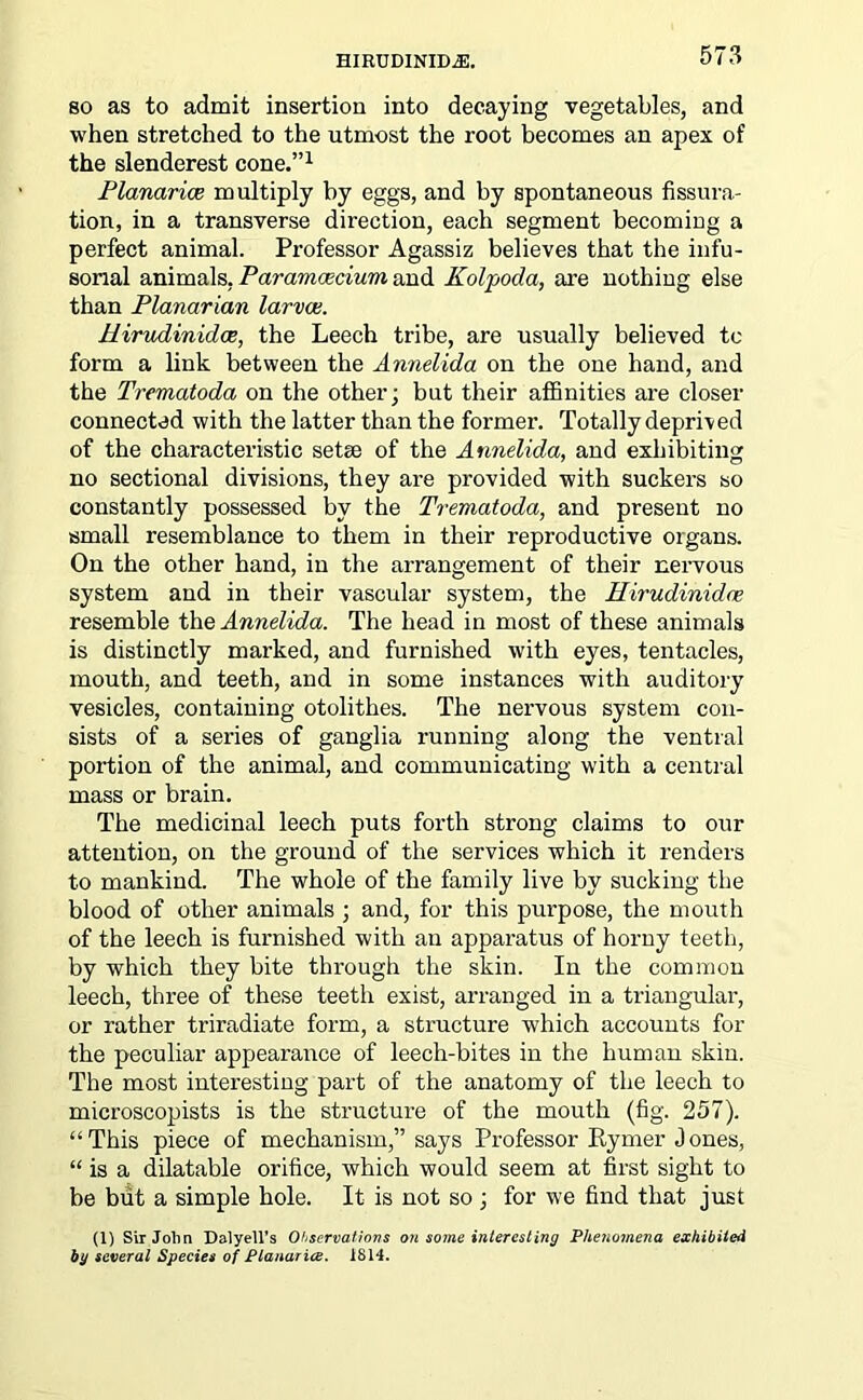 HIRUDINIDOE. so as to admit insertion into decaying vegetables, and when stretched to the utmost the root becomes an apex of the slenderest cone.”1 Planariae multiply by eggs, and by spontaneous fissura- tion, in a transverse direction, each segment becoming a perfect animal. Professor Agassiz believes that the infu- sorial animals, Paramcecium and Kolpoda, are nothing else than Planarian larvae. Hirudinidoe, the Leech tribe, are usually believed to form a link between the Annelida on the one hand, and the Trematoda on the other; but their affinities are closer connected with the latter than the former. Totally deprived of the characteristic seta? of the Annelida, and exhibiting no sectional divisions, they are provided with suckers so constantly possessed by the Trematoda, and present no small resemblance to them in their reproductive organs. On the other hand, in the arrangement of their nervous system and in their vascular system, the Hirudinidoe resemble the Annelida. The head in most of these animals is distinctly marked, and furnished with eyes, tentacles, mouth, and teeth, and in some instances with auditory vesicles, containing otolithes. The nervous system con- sists of a series of ganglia running along the ventral portion of the animal, and communicating with a central mass or brain. The medicinal leech puts forth strong claims to our attention, on the ground of the services which it renders to mankind. The whole of the family live by sucking the blood of other animals ; and, for this purpose, the mouth of the leech is furnished with an apparatus of horny teeth, by which they bite through the skin. In the common leech, three of these teeth exist, arranged in a triangular, or rather triradiate form, a structure which accounts for the peculiar appearance of leech-bites in the human skin. The most interesting part of the anatomy of the leech to microscopists is the structure of the mouth (fig. 257). “ This piece of mechanism,” says Professor Rymer .3 ones, “ is a dilatable orifice, which would seem at first sight to be but a simple hole. It is not so ; for we find that just (1) Sir John Dalyell’s Observations on some interesting Phenomena exhibited by several Species of Planar ice. 1814.