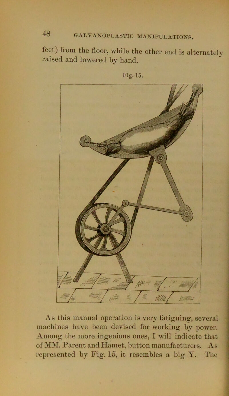 feet) from the floor, while the other end is alternately raised and lowered by hand. Fig. 15. As this manual operation is very fatiguing, several machines bave been deviscd for working by power. Among the more ingénions ones, I will indicate that of MM. Parent and Hamet, button manufacturers. As represented by Fig. 15, it resembles a big Y. The ... ..