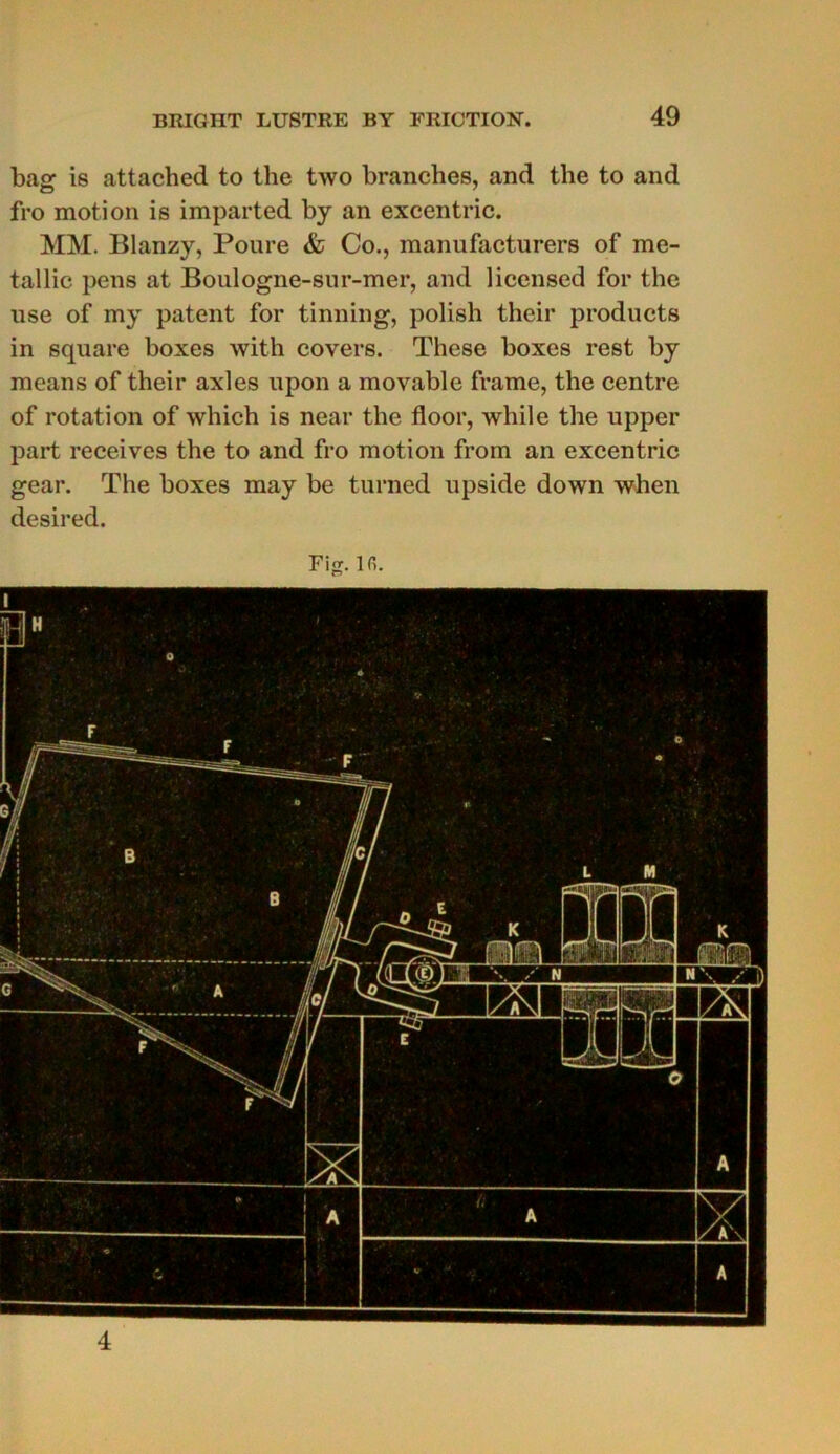 bag is attached to the two branches, and the to and fro motion is imparted by an excentric. MM. Blanzy, Poure & Co., manufacturera of me- tallic pens at Boulogne-sur-mer, and licensed for the use of my patent for tinning, polish their products in square boxes with covers. These boxes rest by means of their axles upon a movable frame, the centre of rotation of which is near the floor, while the upper part receives the to and fro motion from an excentric gear. The boxes may be turned upside down when desired. 4