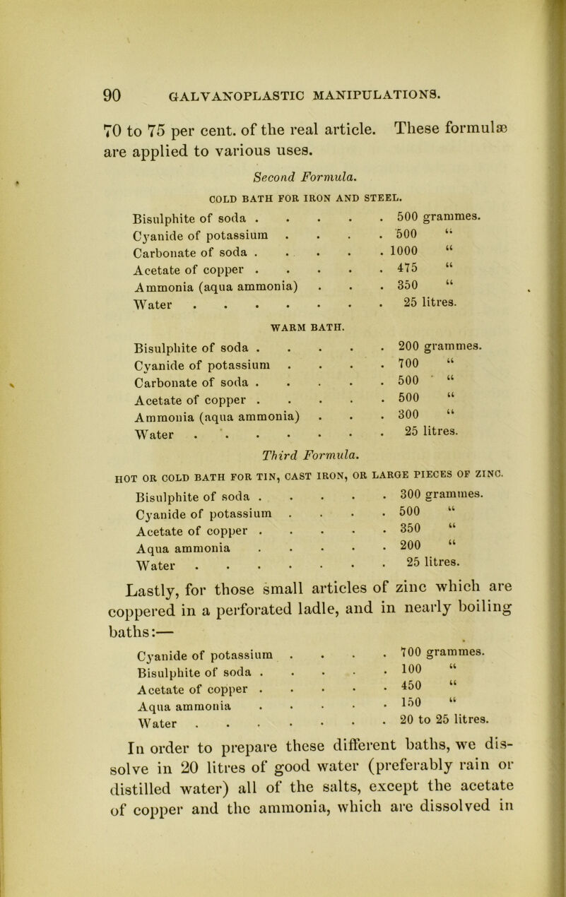 70 to 75 per cent, of tlie real article. These formulæ are applied to various uses. Second Formula. COLD BATH FOR IRON AND STEEL. Bisulphite of soda .... . 500 grammes. Cyanide of potassium . 500 “ Carbonate of soda .... . 1000 “ Acetate of copper .... . 475 « Ammonia (aqua ammonia) . 350 “ Water .»••*• . 25 litres. 200 grammes. 700 “ 500 • “ 500 “ 300 “ 25 litres. U U U WARM BATH. Bisulpliite of soda . Cyanide of potassium Carbonate of soda . Acetate of copper . Ammonia (aqua ammonia) Water .... Third Formula. HOT OR COLD BATH FOR TIN, CAST IRON, OR LARGE PIECES OF ZINC. Bisulphite of soda 300 grammes. Cyanide of potassium .... 500 Acetate of copper 350 Aqua ammonia ..... 200 Water ....... 25 litres. Lastly, for those small articles of zinc which are eoppered in a perforated ladle, and in nearly boiling baths :— Cyanide of potassium . Bisulphite of soda . Acetate of copper . Aqua ammonia Water .... lu order to préparé these different baths, we dis- solve in 20 litres of good water (preferably rain or distilled water) ail of the salts, except the acetate of copper and tlie ammonia, which are dissolved in 700 grammes. 100 450 150 20 to 25 litres. U U U