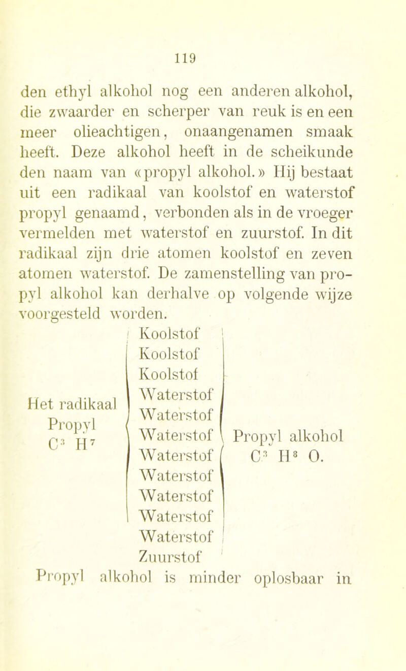 den ethyl alkohol nog een anderen alkohol, die zwaarder en scherper van reuk is en een meer olieachtigen, onaangenamen smaak heeft. Deze alkohol heeft in de scheikunde den naam van «propyl alkohol.» Hij bestaat uit een radikaal van koolstof en waterstof propyl genaamd, verbonden als in de vroeger vermelden met waterstof en zuurstof. In dit radikaal zijn drie atomen koolstof en zeven atomen waterstof. De zamenstelling van pro- pyl alkohol kan derhalve op volgende wijze voorgesteld worden. Het radikaal Propy C* H 1 Propyl Koolstof Koolstof Koolstof Waterstof Waterstof Waterstof Waterstof Waterstof Waterstof I Waterstof Waterstof ! Zuurstof alkohol is minder Propyl alkohol C.s II8 O. oplosbaar in