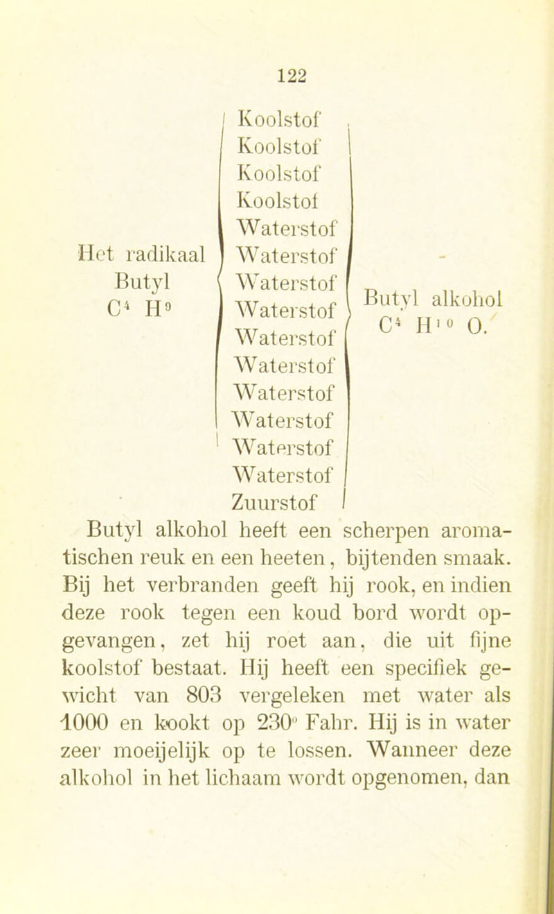 Het radikaal j Koolstof Koolstof 1 Koolstof Koolstof Waterstof Waterstof Butyl Waterstof I Ci H9 Waterstof \ Waterstof Waterstof Waterstof Waterstof Waterstof Waterstof Zuurstof 1 Butyl alkohol C* H 10 O. Butyl alkohol heeft een scherpen aroma- tischen reuk en een heeten, bijtenden smaak. Bij het verbranden geeft hij rook, en indien deze rook tegen een koud bord wordt op- gevangen, zet hij roet aan, die uit fijne koolstof bestaat. Hij heeft een specifiek ge- wicht van 803 vergeleken met water als 1000 en kookt op 230° Fahr. Hij is in water zeer moeijelijk op te lossen. Wanneer deze alkohol in het lichaam wordt opgenomen, dan