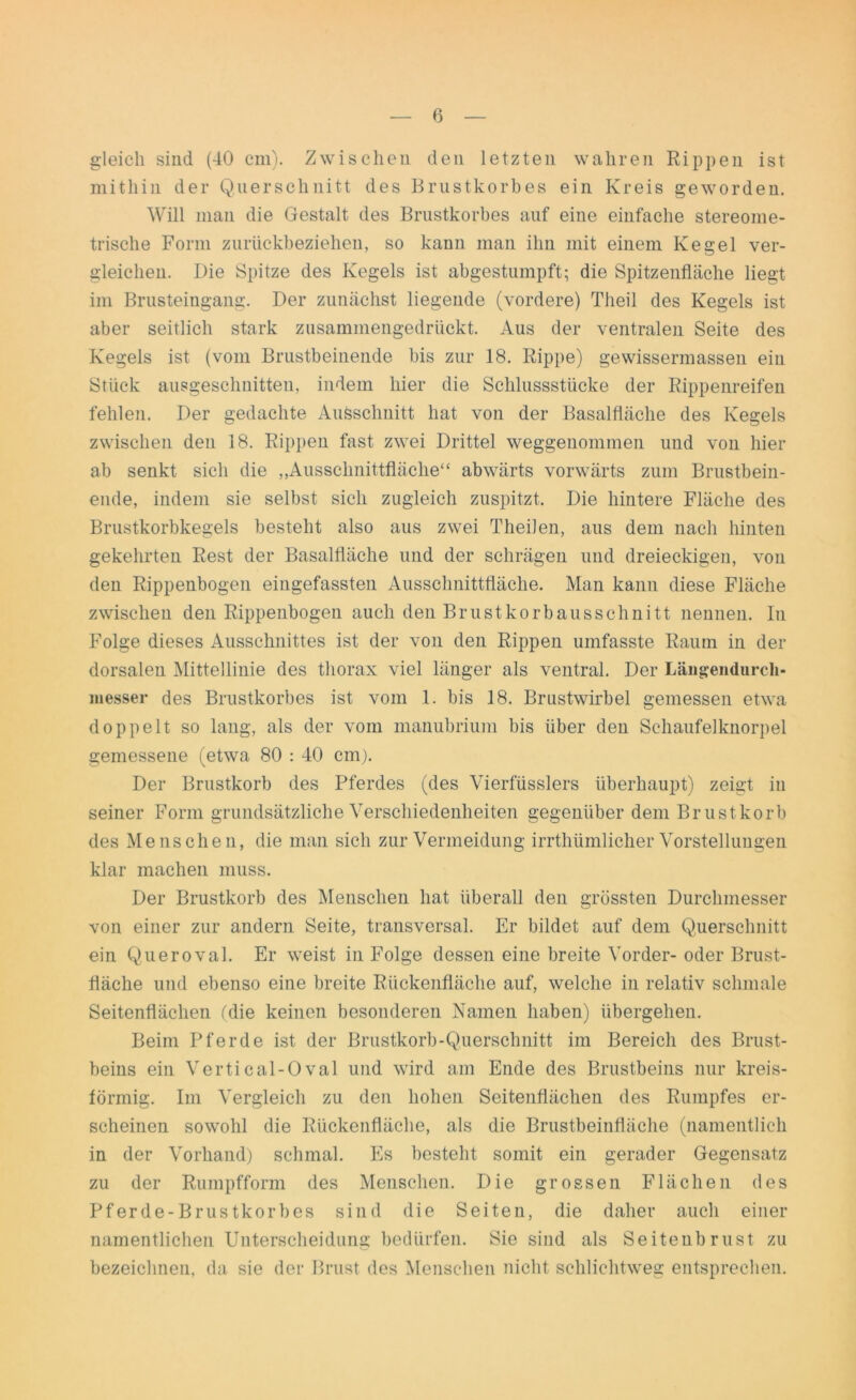 gleich sind (40 cm). Zwischen den letzten wahren Rippen ist mithin der Querschnitt des Brustkorbes ein Kreis geworden. Will man die Gestalt des Brustkorbes auf eine einfache stereome- trische Form zurückbeziehen, so kann man ihn mit einem Kegel ver- gleichen. Die Spitze des Kegels ist abgestumpft; die Spitzenfläche liegt im Brusteingang. Der zunächst liegende (vordere) Theil des Kegels ist aber seitlich stark zusammengedrückt. Aus der ventralen Seite des Kegels ist (vom Brustbeinende bis zur 18. Rippe) gewissermassen ein Stück ausgeschnitten, indem hier die Schlussstücke der Rippenreifen fehlen. Der gedachte Ausschnitt hat von der Basalfläche des Kegels zwischen den 18. Rippen fast zwei Drittel weggenommen und von hier ab senkt sich die „Ausschnittfläche“ abwärts vorwärts zum Brustbein- ende, indem sie selbst sich zugleich zuspitzt. Die hintere Fläche des Brustkorbkegels besteht also aus zwei Theilen, aus dem nach hinten gekehrten Rest der Basalfläche und der schrägen und dreieckigen, von den Rippenbogen eingefassten Ausschnittfläche. Man kann diese Fläche zwischen den Rippenbogen auch den Brustkorbausschnitt nennen. In Folge dieses Ausschnittes ist der von den Rippen umfasste Raum in der dorsalen Mittellinie des thorax viel länger als ventral. Der Längendurcli* inesser des Brustkorbes ist vom 1. bis 18. Brustwirbel gemessen etwa doppelt so lang, als der vom manubrium bis über den Schaufelknorpel gemessene (etwa 80 : 40 cm). Der Brustkorb des Pferdes (des Vierfüsslers überhaupt) zeigt in seiner Form grundsätzliche Verschiedenheiten gegenüber dem Brustkorb des Menschen, die man sich zur Vermeidung irrthümlicher Vorstellungen klar machen muss. Der Brustkorb des Menschen hat überall den grössten Durchmesser von einer zur andern Seite, transversal. Er bildet auf dem Querschnitt ein Quer oval. Er weist in Folge dessen eine breite Vorder- oder Brust- fläche und ebenso eine breite Rückenfläche auf, welche in relativ schmale Seitenflächen fdie keinen besonderen Namen haben) übergehen. Beim Pferde ist der Brustkorb-Querschnitt im Bereich des Brust- beins ein Vertical-0val und wird am Ende des Brustbeins nur kreis- förmig. Im Vergleich zu den hohen Seitenflächen des Rumpfes er- scheinen sowohl die Rückenfläche, als die Brustbeinfläche (namentlich in der Vorhand) schmal. Es besteht somit ein gerader Gegensatz zu der Rumpfform des Menschen. Die grossen Flächen des Pferde-Brustkorbes sind die Seiten, die daher auch einer namentlichen Unterscheidung bedürfen. Sie sind als Seiteubrust zu bezeichnen, da sie der Brust des Menschen nicht schlichtweg entsprechen.