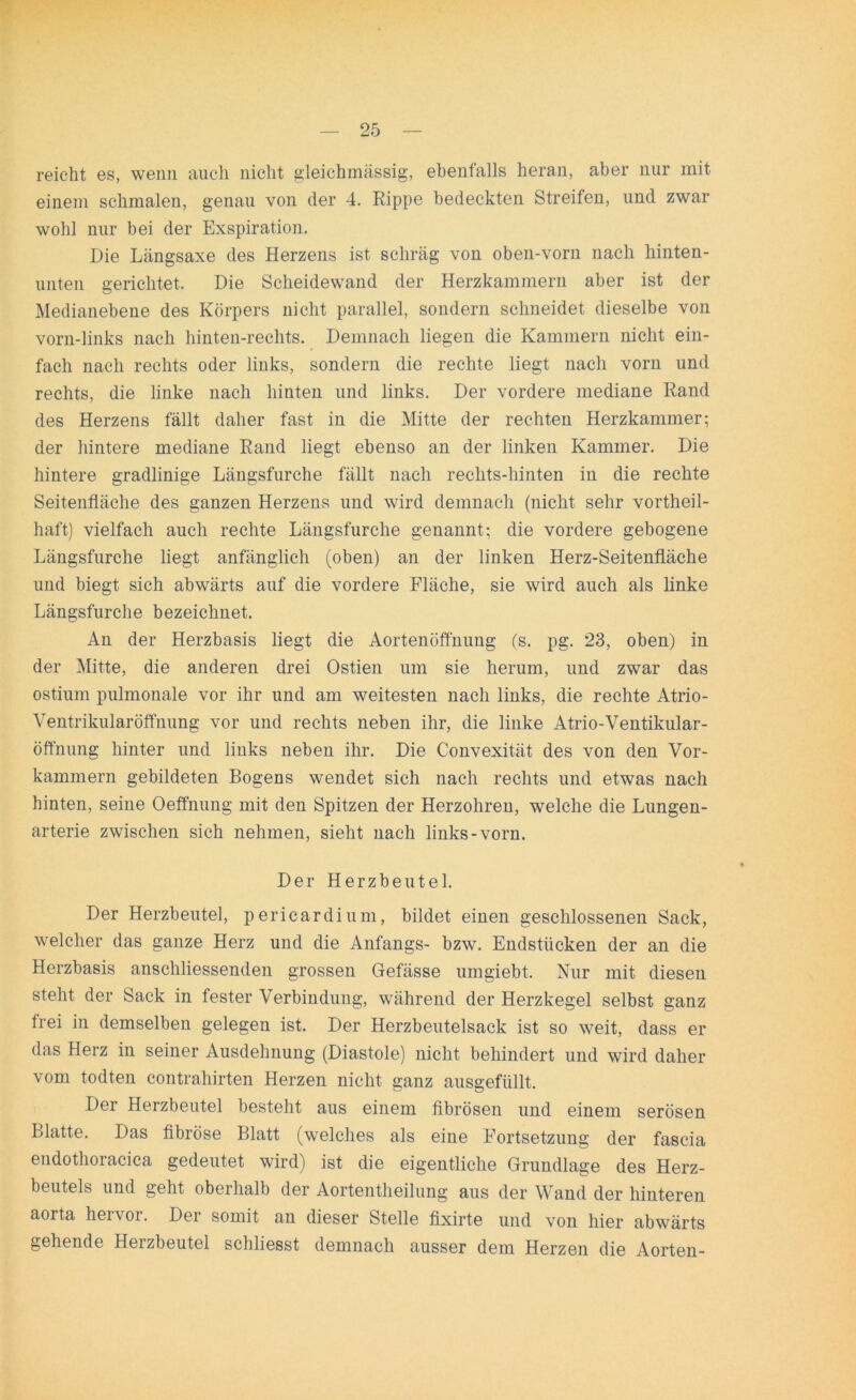 reicht es, wenn auch nicht gleichmässig, ebenfalls heran, aber nur mit einem schmalen, genau von der 4. Rippe bedeckten Streifen, und zwar wohl nur bei der Exspiration. Die Längsaxe des Herzens ist schräg von oben-vorn nach hinten- unten gerichtet. Die Scheidewand der Herzkammern aber ist der Medianebene des Körpers nicht parallel, sondern schneidet dieselbe von vorn-links nach hinten-rechts. Demnach liegen die Kammern nicht ein- fach nach rechts oder links, sondern die rechte liegt nach vorn und rechts, die linke nach hinten und links. Der vordere mediane Rand des Herzens fällt daher fast in die Mitte der rechten Herzkammer; der hintere mediane Rand liegt ebenso an der linken Kammer. Die hintere gradlinige Längsfurche fällt nach rechts-hinten in die rechte Seitenfläche des ganzen Herzens und wird demnach (nicht sehr vortheil- haft) vielfach auch rechte Längsfurche genannt; die vordere gebogene Längsfurche liegt anfänglich (oben) an der linken Herz-Seitenfläche und biegt sich abwärts auf die vordere Fläche, sie wird auch als linke Längsfurche bezeichnet. An der Herzbasis liegt die Aortenöffnung (s. pg. 23, oben) in der Mitte, die anderen drei Ostien um sie herum, und zwar das ostium pulmonale vor ihr und am weitesten nach links, die rechte Atrio- Ventrikularöffnung vor und rechts neben ihr, die linke Atrio-Ventikular- öffnung hinter und links neben ihr. Die Convexität des von den Vor- kammern gebildeten Bogens wendet sich nach rechts und etwas nach hinten, seine Oeffnung mit den Spitzen der Herzohren, welche die Lungen- arterie zwischen sich nehmen, sieht nach links-vorn. Der Herzbeutel. Der Herzbeutel, pericar di um, bildet einen geschlossenen Sack, welcher das ganze Herz und die Anfangs- bzw. Endstücken der an die Herzbasis anschliessenden grossen Gefässe umgiebt. Nur mit diesen steht der Sack in fester Verbindung, während der Herzkegel selbst ganz frei in demselben gelegen ist. Der Herzbeutelsack ist so weit, dass er das Herz in seiner Ausdehnung (Diastole) nicht behindert und wird daher vom todten contrahirten Herzen nicht ganz ausgefüllt. Der Herzbeutel besteht aus einem fibrösen und einem serösen Blatte. Das fibröse Blatt (welches als eine Fortsetzung der fascia endothoracica gedeutet wird) ist die eigentliche Grundlage des Herz- beutels und geht oberhalb der Aortentheilung aus der Wand der hinteren aorta hervor. Der somit an dieser Stelle fixirte und von hier abwärts gehende Herzbeutel schliesst demnach ausser dem Herzen die Aorten-