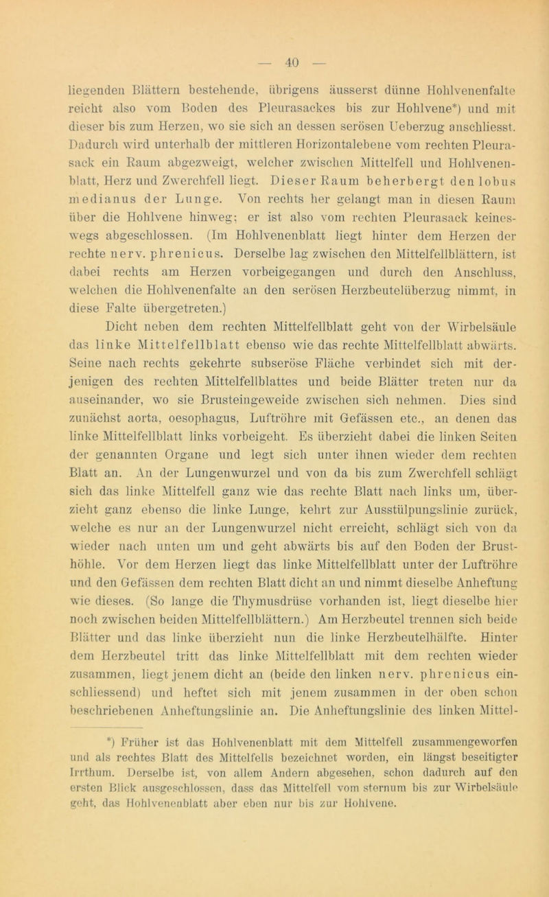 liegenden Blättern bestehende, übrigens äusserst dünne Hohlvenenfalte reicht also vom Boden des Pleurasackes bis zur Hohlvene*) und mit dieser bis zum Herzen, wo sie sich an dessen serösen Ueberzug anschliesst. Dadurch wird unterhalb der mittleren Horizontalebene vom rechten Pleura- sack ein Raum abgezweigt, welcher zwischen Mittelfell und Hohlvenen- blatt, Herz und Zwerchfell liegt. Dieser Raum beherbergt den lobus medianus der Lunge. Von rechts her gelaugt man in diesen Raum über die Hohlvene hinweg; er ist also vom rechten Pleurasack keines- wegs abgeschlossen. (Im Hohlvenenblatt liegt hinter dem Herzen der rechte nerv, phrenicus. Derselbe lag zwischen den Mittelfellblättern, ist dabei rechts am Herzen vorbeigegangen und durch den Anschluss, welchen die Hohlvenenfalte an den serösen Herzbeutelüberzug nimmt, in diese Falte übergetreten.) Dicht neben dem rechten Mittelfellblatt geht von der Wirbelsäule das linke Mittelfellblatt ebenso wie das rechte Mittelfellblatt abwärts. Seine nach rechts gekehrte subseröse Fläche verbindet sich mit der- jenigen des rechten Mittelfellblattes und beide Blätter treten nur da auseinander, wo sie Brusteingeweide zwischen sich nehmen. Dies sind zunächst aorta, oesophagus, Luftröhre mit Gefässen etc., an denen das linke Mittelfellblatt links vorbeigeht. Es überzieht dabei die linken Seiten der genannten Organe und legt sich unter ihnen wieder dem rechten Blatt an. An der Lungeuwurzel und von da bis zum Zwerchfell schlägt sich das linke Mittelfell ganz wie das rechte Blatt nach links um, über- zieht ganz ebenso die linke Lunge, kehrt zur Ausstülpungsliuie zurück, welche es nur an der Lungenwurzel nicht erreicht, schlägt sich von da wieder nach unten um und geht abwärts bis auf den Boden der Brust- höhle. Vor dem Herzen liegt das linke Mittelfellblatt unter der Luftröhre und den Gefässen dem rechten Blatt dicht an und nimmt dieselbe Anheftung wie dieses. (So lange die Thymusdrüse vorhanden ist, liegt dieselbe hier noch zwischen beiden Mittelfellblättern.) Am Herzbeutel trennen sich beide Blätter und das linke überzieht nun die linke Herzbeutelhälfte. Hinter dem Herzbeutel tritt das linke Mittelfellblatt mit dem rechten wieder zusammen, liegt jenem dicht an (beide den linken nerv, phrenicus ein- schliessend) und heftet sich mit jenem zusammen in der oben schon beschriebenen Anheftungslinie an. Die Anheftungslinie des linken Mittel- *) Früher ist das Hohlvenenblatt mit dem Mittelfell zusammengeworfen und als rechtes Blatt des Mittelfells bezeichnet worden, ein längst beseitigter Irrthum. Derselbe ist, von allem Andern abgesehen, schon dadurch auf den ersten Blick ausgeschlossen, dass das Mittelfell vom sternum bis zur Wirbelsäule geht, das Hohlvenenblatt aber eben nur bis zur Holilvene.