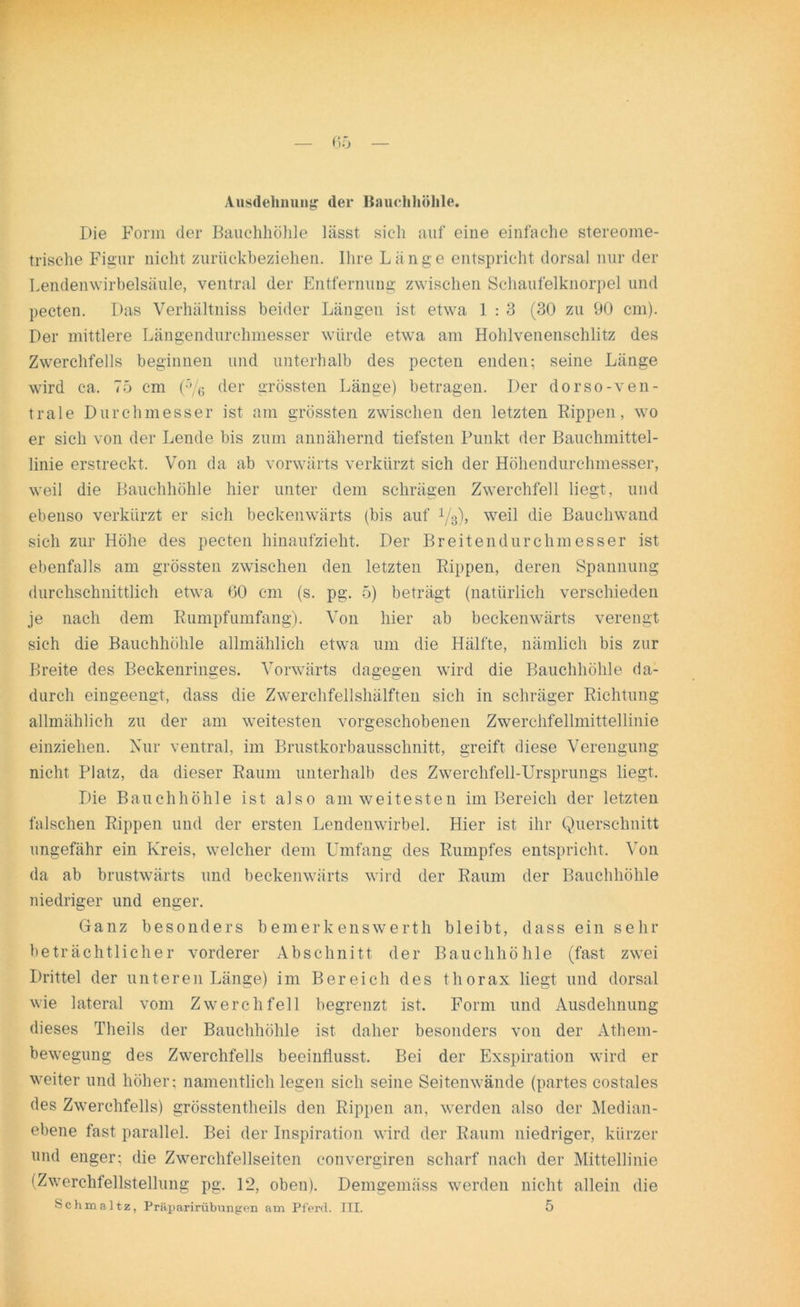 Ausdehnung der Bauchhöhle. Die Form der Bauchhöhle lässt sich auf eine einfache stereome- trische Figur nicht zurückbeziehen. Ihre Länge entspricht dorsal nur der Lendenwirbelsäule, ventral der Entfernung zwischen Schaufelknorpel und pecten. Das Verhältniss beider Längen ist etwa 1 : 3 (30 zu 90 cm). Der mittlere Längendurchmesser würde etwa am Hohlvenenschlitz des Zwerchfells beginnen und unterhalb des pecten enden; seine Länge wird ca. 75 cm (5/6 der grössten Länge) betragen. Der dorso-ven- trale Durchmesser ist am grössten zwischen den letzten Rippen, wo er sich von der Lende bis zum annähernd tiefsten Punkt der Bauchmittel- linie erstreckt. Von da ab vorwärts verkürzt sich der Höhendurchmesser, weil die Bauchhöhle hier unter dem schrägen Zwerchfell liegt, und ebenso verkürzt er sich beckenwärts (bis auf i/g), weil die Bauchwand sich zur Höhe des pecten hinaufzieht. Der Br eiten durchmess er ist ebenfalls am grössten zwischen den letzten Rippen, deren Spannung durchschnittlich etwa 00 cm (s. pg. 5) beträgt (natürlich verschieden je nach dem Rumpfumfang). Von hier ab beckenwärts verengt sich die Bauchhöhle allmählich etwa um die Hälfte, nämlich bis zur Breite des Beckenringes. Vorwärts dagegen wird die Bauchhöhle da- durch eingeengt, dass die Zwerchfellshälften sich in schräger Richtung allmählich zu der am weitesten vorgeschobenen Zwerchfellmittellinie einziehen. Nur ventral, im Brustkorbausschnitt, greift diese Verengung nicht Platz, da dieser Raum unterhalb des Zwerchfell-Ursprungs liegt. Die Bauchhöhle ist also am weitesten im Bereich der letzten falschen Rippen und der ersten Lendenwirbel. Hier ist ihr Querschnitt ungefähr ein Kreis, welcher dem Umfang des Rumpfes entspricht. Von da ab brustwärts und beckenwärts wird der Raum der Bauchhöhle niedriger und enger. Ganz besonders bemerkenswerth bleibt, dass ein sehr beträchtlicher vorderer Abschnitt der Bauchhöhle (fast zwei Drittel der unteren Länge) im Bereich des thorax liegt und dorsal wie lateral vom Zwerchfell begrenzt ist. Form und Ausdehnung dieses Theils der Bauchhöhle ist daher besonders von der Athem- bewegung des Zwerchfells beeinflusst. Bei der Exspiration wird er weiter und höher; namentlich legen sich seine Seitenwände (partes costales des Zwerchfells) grösstentheils den Rippen an, werden also der Median- ebene fast parallel. Bei der Inspiration wird der Raum niedriger, kürzer und enger; die Zwerchfellseiten convergiren scharf nach der Mittellinie (Zwerchfellstellung pg. 12, oben). Demgemäss werden nicht allein die
