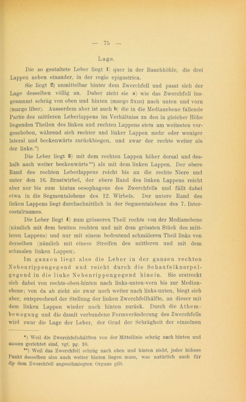 r* r Lage. Die so gestaltete Leber liegt 1) quer in der Bauchhöhle, die drei Lappen neben einander, in der regio epigastrica. Sie liegt 2) unmittelbar hinter dem Zwerchfell und passt sich der Lage desselben völlig an. Daher zieht sie a) wie das Zwerchfell ins- gesammt schräg von oben und hinten (margo fixus) nach unten und vorn (margo über). Ausserdem aber ist auch b) die in die Medianebene fallende Partie des mittleren Leberlappens im Verhältniss zu den in gleicher Höhe liegenden Theilen des linken und rechten Lappens stets am weitesten vor- geschoben, während sich rechter und linker Lappen mehr oder weniger lateral und beckenwärts zurückbiegen, und zwar der rechte weiter als der linke.*) Die Leber liegt 3) mit dem rechten Lappen höher dorsal und des- halb auch weiter beckenwärts**) als mit dem linken Lappen. Der obere Rand des rechten Leberlappens reicht bis an die rechte Niere und unter den 16. Brustwirbel, der obere Rand des linken Lappens reicht aber nur bis zum hiatus oesophageus des Zwerchfells und fällt dabei etwa in die Segmentalebene des 12. Wirbels. Der untere Rand des linken Lappens liegt durchschnittlich in der Segmentalebene des 7. Inter- costalraumes. Die Leber liegt 4) zum grösseren Theil rechts von der Medianebene (nämlich mit dem breiten rechten und mit dem grössten Stück des mitt- leren Lappens) und nur mit einem bedeutend schmäleren Theil links von derselben (nämlich mit einem Streifen des mittleren und mit dem schmalen linken Lappen). Im ganzen liegt also die Leber in der ganzen rechten Nebenrippengegend und reicht durch die Schaufelknorpel- gegend in die linke Nebenrippengegend hinein. Sie erstreckt sich dabei von rechts-oben-hinten nach links-unten-vorn bis zur Median- ebene; von da ab zieht sie zwar noch weiter nach links-unten, biegt sich aber, entsprechend der Stellung der linken Zwerchfellhälfte, an dieser mit dem linken Lappen wieder nach hinten zurück. Durch die Atliem- bewegung und die damit verbundene Formveränderung des Zwerchfells wird zwar die Lage der Leber, der Grad der Schrägheit der einzelnen *) Weil die Zwerchfellshälften von der Mittellinie schräg nach hinten und aussen gerichtet sind, vgl. pg. 10. **) WTeil das Zwerchfell schräg nach oben und hinten zieht, jeder höhere Punkt desselben also auch weiter hinten liegen muss, was natürlich auch für die dem Zwerchfell angeschmiegten Organe gilt.