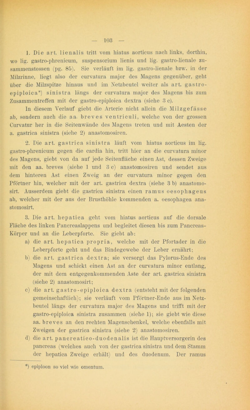 1. Die art. lienalis tritt vom hiatus aorticus nach links, dorthin, wo lig. gastro-phrenicum, Suspensorium lienis und lig. gastro-lienaie zu- sammenstossen (pg. 85). Sie verläuft im lig. gastro-lienaie bzw. in der Milzrinne, liegt also der curvatura major des Magens gegenüber, geht über die Milzspitze hinaus und im Netzbeutel weiter als art. gastro- epiploica*) sinistra längs der curvatura major des Magens bis zum Zusammentreffen mit der gastro-epiploica dextra (siehe 3 c). In diesem Verlauf giebt die Arterie nicht allein die Milzgefässe ab, sondern auch die aa. breves ventriculi, welche von der grossen Curvatur her in die Seitenwände des Magens treten und mit Aesten der a. gastrica sinistra (siehe 2) anastomosiren. 2. Die art. gastrica sinistra läuft vom hiatus aorticus im lig. gastro-phrenicum gegen die cardia hin, tritt hier an die curvatura rninor des Magens, giebt von da auf jede Seitenfläche einen Ast, dessen Zweige mit den aa. breves (siehe 1 und 3 c) anastomosiren und sendet aus dem hinteren Ast einen Zweig an der curvatura minor gegen den Pförtner hin, welcher mit der art. gastrica dextra (siehe 3 b) anastomo- sirt. Ausserdem giebt die gastrica sinistra einen rarnus oesophageus ab, welcher mit der aus der Brusthöhle kommenden a. oesophagea ana- stomosirt. 3. Die art. hepatica geht vom hiatus aorticus auf die dorsale Fläche des linken Pancreaslappens und begleitet diesen bis zum Pancreas- Körper und an die Leberpforte. Sie giebt ab: a) die art. hepatica propria, welche mit der Pfortader in die Leberpforte geht und das Bindegewebe der Leber ernährt; b) die art. gastrica dextra; sie versorgt das Pylorus-Ende des Magens und schickt einen Ast an der curvatura minor entlang, der mit dem entgegenkommenden Aste der art. gastrica sinistra (siehe 2) anastomosirt; c) die art. gastro-epiploica dextra (entsteht mit der folgenden gemeinschaftlich); sie verläuft vom Pförtner-Ende aus im Netz- beutel längs der curvatura major des Magens und trifft mit der gastro-epiploica sinistra zusammen (siehe 1); sie giebt wie diese aa. breves an den rechten Magenschenkel, welche ebenfalls mit Zweigen der gastrica sinistra (siehe 2) anastomosiren. d) die art. pancreatico-duodenalis ist die Hauptversorgerin des pancreas (welches auch von der gastrica sinistra und dem Stamm der hepatica Zweige erhält) und des duodenum. Der ramus *) epiploon so viel wie omentum.