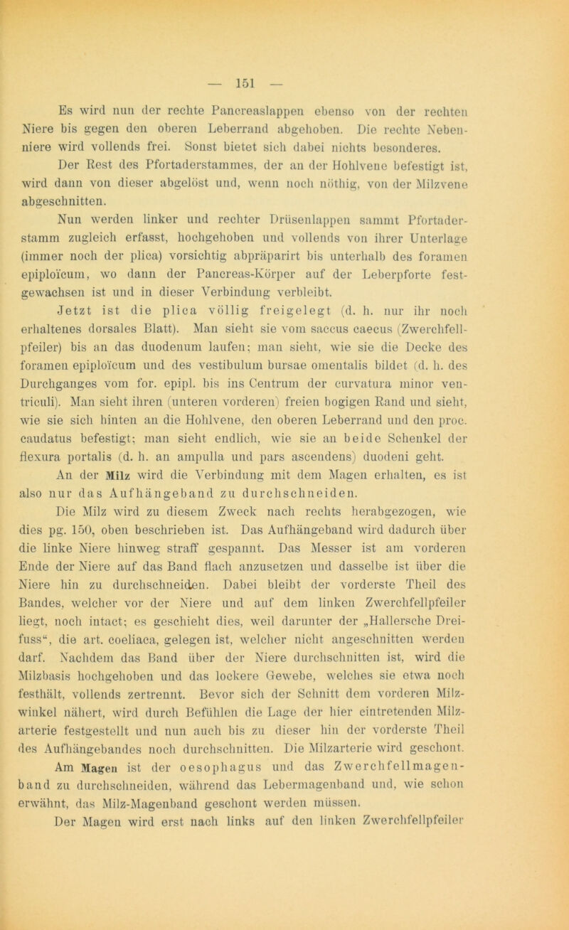 Es wird nun der rechte Pancreaslappen ebenso von der rechten Niere bis gegen den oberen Leberrand abgehoben. Die rechte Neben- niere wird vollends frei. Sonst bietet sich dabei nichts besonderes. Der Rest des Pfortaderstammes, der an der Hohlvene befestigt ist, wird dann von dieser abgelost und, wenn noch nöthig, von der Milzvene abgeschnitten. Nun werden linker und rechter Drüsenlappen samnit Pfortader- stamm zugleich erfasst, hochgehoben und vollends von ihrer Unterlage (immer noch der plica) vorsichtig abpräparirt bis unterhalb des foramen epiploicum, wo dann der Pancreas-Körper auf der Leberpforte fest- gewachsen ist und in dieser Verbindung verbleibt. Jetzt ist die plica völlig freigelegt (d. h. nur ihr noch erhaltenes dorsales Blatt). Man sieht sie vom saccus caecus (Zwerchfell- pfeiler) bis an das duodenum laufen; man sieht, wie sie die Decke des foramen epiploicum und des vestibulum bursae omentalis bildet (d. h. des Durchganges vom for. epipl. bis ins Centrum der curvatura minor ven- triculi). Man sieht ihren (unteren vorderen) freien bogigen Rand und sieht, wie sie sich hinten an die Hohlvene, den oberen Leberrand und den proc. caudatus befestigt; man sieht endlich, wie sie an beide Schenkel der flexura portalis (d. h. an ampulla und pars ascendens) duodeni geht. An der Milz wird die Verbindung mit dem Magen erhalten, es ist also nur das Aufhängeband zu durchschneiden. Die Milz wird zu diesem Zweck nach rechts herabgezogen, wie dies pg. 150, oben beschrieben ist. Das Aufhängeband wird dadurch über die linke Niere hinweg straff gespannt. Das Messer ist am vorderen Ende der Niere auf das Band flach anzusetzen und dasselbe ist über die Niere hin zu durchschneiden. Dabei bleibt der vorderste Tlieil des Bandes, welcher vor der Niere und auf dem linken Zwerchfellpfeiler liegt, noch intact; es geschieht dies, weil darunter der „Hallersehe Drei- fuss“, die art. coeliaca, gelegen ist, welcher nicht angeschnitten werden darf. Nachdem das Band über der Niere durchschnitten ist, wird die Milzbasis hochgehoben und das lockere Gewebe, welches sie etwa noch festhält, vollends zertrennt. Bevor sich der Schnitt dem vorderen Milz- winkel nähert, wird durch Befühlen die Lage der hier eintretenden Milz- arterie festgestellt und nun auch bis zu dieser hin der vorderste Theil des Aufhängebandes noch durchschnitten. Die Milzarterie wird geschont. Am Magen ist der oesophagus und das Zwerchfellmagen- band zu durchschneiden, während das Lebermagenband und, wie schon erwähnt, das Milz-Magenband geschont werden müssen. Der Magen wird erst nach links auf den linken Zwerchfellpfeiler