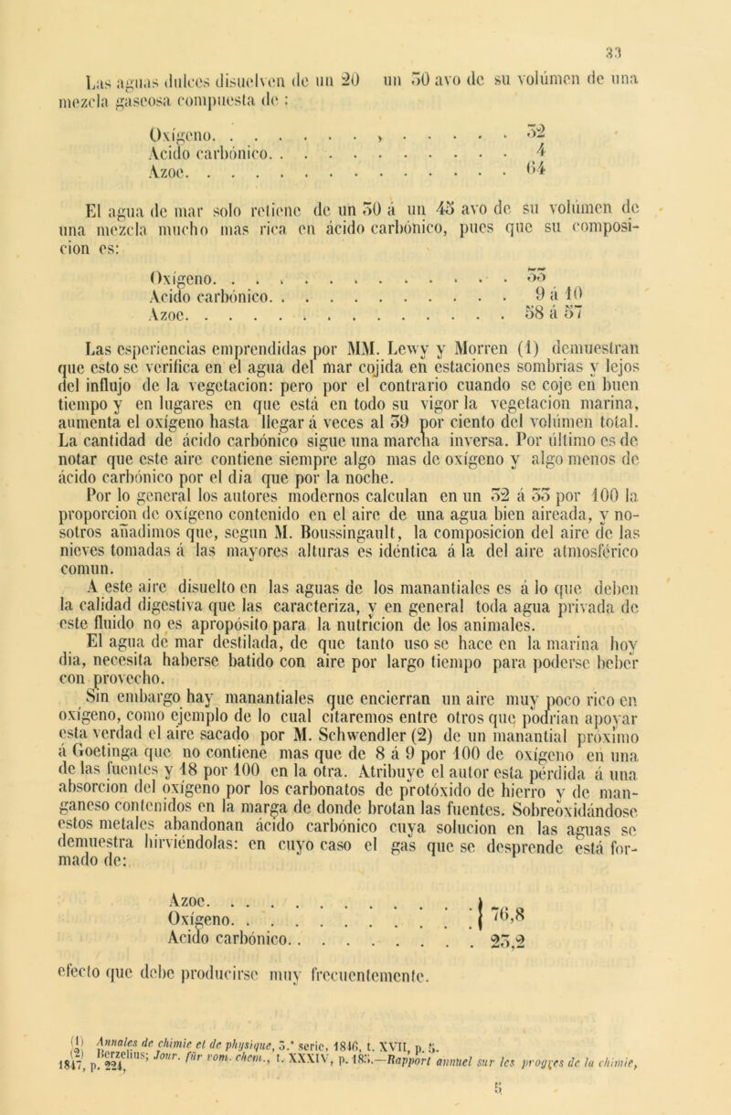 Oxígeno. . . Acido carbónico Azoe. . . . El agua de mar solo retiene de un 50 á un 4o avo de su volumen de una mezcla mucho mas rica en ácido carbónico, pues que su composi- ción es: Las csperiencias emprendidas por MM. Lewy y Morren (1) demuestran que esto se verifica en el agua del mar cqjida en estaciones sombrías y lejos del influjo de la vegetación: pero por el contrario cuando se coje en buen tiempo y en lugares en que está en todo su vigor la vegetación marina, aumenta el oxígeno hasta llegará veces al 59 por ciento del volumen total. La cantidad de ácido carbónico sigue una marcha inversa. Por último es de notar que este aire contiene siempre algo mas de oxígeno y algo menos de ácido carbónico por el día que por la noche. Por lo general los autores modernos calculan en un 52 á 55 por 100 la proporción de oxígeno contenido en el aire de una agua bien aireada, y no- sotros añadimos que, según M. Boussingault, la composición del aire de las nieves tomadas á las mayores alturas es idéntica á la del aire atmosférico común. A este aire disuelto en las aguas de los manantiales es á lo que deben la calidad digestiva que las caracteriza, y en general toda agua privada de este fluido no es apropósito para la nutrición de los animales. El agua de mar destilada, de que tanto uso se hace en la marina hoy dia, necesita haberse batido con aire por largo tiempo para poderse beber con provecho. Sin embargo hay manantiales que encierran un aire muy poco rico en oxígeno, como ejemplo de lo cual citaremos entre otros que podrían apoyar esta verdad el aire sacado por M. Schwendler (2) de un manantial próximo á Goetinga que no contiene mas que de 8 á 9 por 100 de oxígeno en una de las fuentes y 18 por 100 en la otra. Atribuye el autor esta pérdida á una absorción del oxígeno por los carbonados de protóxido de hierro v de man- ganeso contenidos en la marga de donde brotan las fuentes. Sobreoxidándose estos metales abandonan ácido carbónico cuya solución en las aguas se demuestra hirviéndolas: en cuyo caso el gas queso desprende eWá for- mado de: Oxígeno. . . Acido carbónico Azoe. . . . . oo . 9 á 10 . 58 á 57 Azoe. . . Oxígeno. . Acido carbónico. efecto que debe producirse muy frecuentemente.