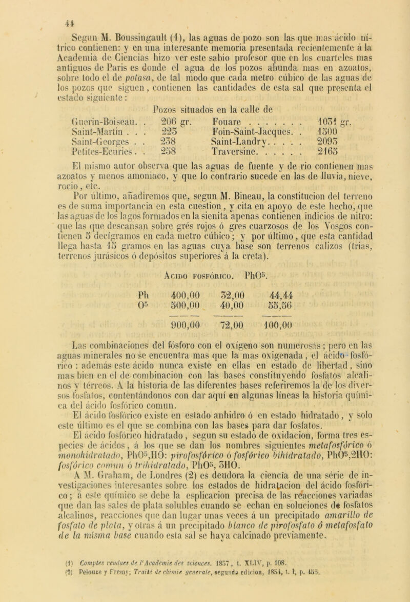 Según M. Boussingault (1), las aguas de pozo son las que mas ácido ní- trico contienen: y en una interesante memoria presentada recientemente á la Academia de Ciencias hizo ver este sabio profesor que en los cuarteles mas antiguos de París es donde el agua de los pozos abunda mas en azoatos, sobre lodo el de potasa, de tal modo que cada metro cúbico de las aguas de los pozos que siguen , contienen las cantidades de esta sal que presenta el estado siguiente: Pozos situados en la calle de Guerin-Boiseau. . 206 gr. Fouare 1031 gr. Saint-Martin . . . 223 Foin-Saint-Jacques. . 1500 Saint-Georges . . 238 Saint-Landrv 2093 Petites-Ecuries. . 258 Traversine. * 2165 El mismo autor observa que las aguas de fuente y de rio contienen mas azoatos y menos amoniaco, y que lo contrario sucede en las de llmia, nieve, rocío, etc. Por último, añadiremos que, según M. Bineau, la constitución del terreno es de suma importancia en esta cuestión, y cita en apoyo de este hecho, (pie las aguas de los lagos formados en la sienita apenas contienen indicios de nitro: que las (pie descansan sobre gres rojos ó gres cuarzosos de los Yosgos con- tienen 5 decigramos en cada metro cúbico; y por último, que esta cantidad llega basta 45 gramos en las aguas cuya base son terrenos calizos (trias, terrenos jurásicos ó depósitos superiores á la creta). Acido fosfórico. PhO5. 400.00 500.00 32.00 40.00 | 900,00 72,00 100,00 Las combinaciones del fósforo con el oxígeno son numerosas; pero en las aguas minerales no se encuentra mas que la mas oxigenada, el ácido fosfó- rico : además este ácido nunca existe en ellas en estado de libertad, sino mas bien en el de combinación con las bases constituyendo fosfatos alcali- nos y tórreos. A la historia de las diferentes bases referiremos la de los diver- sos fosfatos, contentándonos con dar aquí en algunas líneas la historia quími- ca del ácido fosfórico común. El ácido fosfórico existe en estado anhidro ó en estado hidratado, v solo este último es el que se combina con las bases para dar fosfatos. El ácido fosfórico hidratado, según su estado de oxidación, forma tres es- pecies de ácidos, á los que se dan los nombres siguientes meta fosfórico ó monohülr atado, Plv05,I10: piro fosfórico ó fosfórico bihidratado, PhO5,2110: fosfórico comnn ó trihidratado, PhO5, 5HO. A M. Graham, de Londres (2) es deudora la ciencia de una serie de in- vestigaciones interesantes sobre los estados de hidratacion del ácido fosfóri- co; á este químico se debe la esplicacion precisa de las reacciones variadas que dan las sales de plata solubles cuando se echan en soluciones de fosfatos alcalinos, reacciones quedan lugar unas veces á un precipitado amarillo de fosfato de plata, y otras á un precipitado blanco de pirofosfato ó melafosfato de la misma base cuando esta sal se haya calcinado previamente. (1) Comptes rendues de 1‘Academie des Sciences. 1857 , t. XLIV, p. 108. *2) Pelouze y Frcray; Tra¡l¿ dechimie f/enrrale, segunda edición, 1851, t. 1, p. loo.