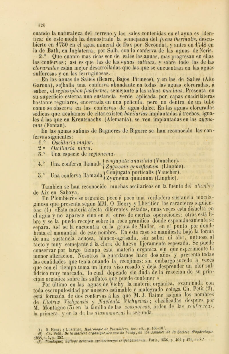 cuando la naturaleza del terreno y las sales contenidas en el agua es idén- tica: de este modo ha demostrado la semejanza del fu cus t herma lis, descu- bierto en 1750 en el agua mineral de Dax por Secondat, y antes en 1748 en la de Bath, en Inglaterra, por Sulh, con la conferva de las aguas deNeris. 2.° Que cuanto mas ricas son de sales las aguas, mas progresan en ellas las confervas; asi es que las de las aguas salinas, y sobre todo las de las cloruradas están mejor desarrolladas que las que se encuentran en las aguas sulfurosas y en las ferruginosas. En las aguas de Sabes (Bearn, Bajos Pirineos), y en las de Sabes (Alto Garona), se[halla una conferva abundante en todas las aguas cloruradas, á saber, el scytosiphon fusiforme, semejante á las ulvas marinas. Presenta en su superficie esterna lina sustancia verde aplicada por capas cuadriláteras bastante regulares, encerrada en una película, pero no dentro de un tubo como se observa en las confervas de agua dulce. En las aguas cloruradas sódicas que acabamos de citar existen bacilarias implantadas á trechos, igua- les á las que en Kreutsnachs (Alemania), se ven implantadas en las zygnc- mas (Fontan). En las aguas salinas de Bagneres de Bigorre se han reconocido las con- fervas siguientes: I.° o 3.° 5.° Osállaria majar. Oscillaria nigra. Una especie de scytonema. fT r ii i \ ennjunata anaulala (Yaucher). Una conferva llamada¡ (Lingbie). rr r i! i \ Coniugata porticalis (Vaucher). Una confería llama ajzygnema quininum (Lingbie). También se han reconocido muchas oscilarieas en la fuente del alumbre de Aix en Saboya. En Plombieres se organiza poco á poco una verdadera sustancia mucila- ginosa que presenta según MM. O Ilenry y Lherilier los caracteres siguien- tes: (1) «Esta materia afecta diferentes estados, unas veces está disuelta en el agua y no aparece sino en el curso de ciertas operaciones: otras está li- bre y sela puede recojer sobre la roca granítica donde espontáneamente se separa. Así se la encuentra en la gruta de Muller, en el punto por donde brota el manantial de este nombre. En este caso se manifiesta bajo la forma de una sustancia acuosa, blanco-agrisada, sin sabor ni olor, untuosa al tacto v muy semejante á la clara de huevo lijeramente espesada. Se puede conservar por largo tiempo esta materia orgánica sin que esperimente la menor alteración. Nosotros la guardamos hace dos anos y presenta todas las cualidades que tenia cuando la recojimos: sin embargo sucede á veces que con el tiempo toma un lijero viso rosado y deja desprender un olor sul- fídrico muy marcado, lo cual depende sin duda de la reacción de su prin- cipio orgánico sobre los sulfalos que puede contener » Por último en las aguas de Vichy la materia orgánica, examinada con toda escrupulosidad por nuestro estimable y malogrado colega Ch. Petit (2), está formada de dos confervas á las que M. J. Raime asignó los nombres de Ulolnx Vichgensis v Navícula Vichyensís; clasificadas después por M. Montagne (o) en la familia de las zoosporeas, orden de las confervcas, la primera, y en la de las diastomaceas la segunda. (1) O. Henry y Lheritier: Hydroloyie de Plomhiérex, loe. cU., p. IOo-IOJ. ^ (% Ch. Petit; De lo.\ matiére organi(¡ue des eax de \ tchy, en los Anuales de la Rocíete d hydrologic. 18(V¡’ Wontápie;*St/lloge generum specierumqnc criptogamarnm. París, I806, p. 461 y 471, en8.’