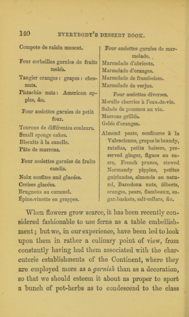 Compote de raisin muscat. Four corbeilles garnies de fruits meles. Tangier oranges : grapes: ches- nuts. Pistachio nuts: American ap- ples, &c. Four assiettes garnies de petit four. Tourons de differentes couleurs. Small sponge cakes. Biscuits a la canelle. Pate de marrons. Four assiettes garnies de fruits candis. Noix confites and glacdes. Cerises glacees. Brugnons au caramel. 4lpine-vinette en grappes. Four assiettes garnies de mar- melade. , Marmelade d’abricots. Marmelade d’oranges. Marmelade de framboises. Marmelade de verjus. Four assiettes diverses. Morello cherries a Teau-de-vie. Salade de pommes au vin. Marrons grilles. Gelde d’oranges. Almond paste, confitures a la Valencienne, grapes in brandy, ratafias, petits baisers, pre- served ginger, Agues au su- cre, French prunes, stewed Normandy pippins, petites guirlandes, almonds au natu- rel, Barcelona nuts, filberts, oranges, pears, flambeaux, su- gar-baskets, salt-cellars, &c. When flowers grow scarce, it has been recently con- sidered fashionable to use ferns as a table embellish- ment ; but we, in our experience, have been led to look upon them in rather a culinary point of view, from constantly having had them associated with the char- cuterie establishments of the Continent, where they are employed more as a garnish than as a decoration, so that we should esteem it about as proper to sport a bunch of pot-herbs as to condescend to the class