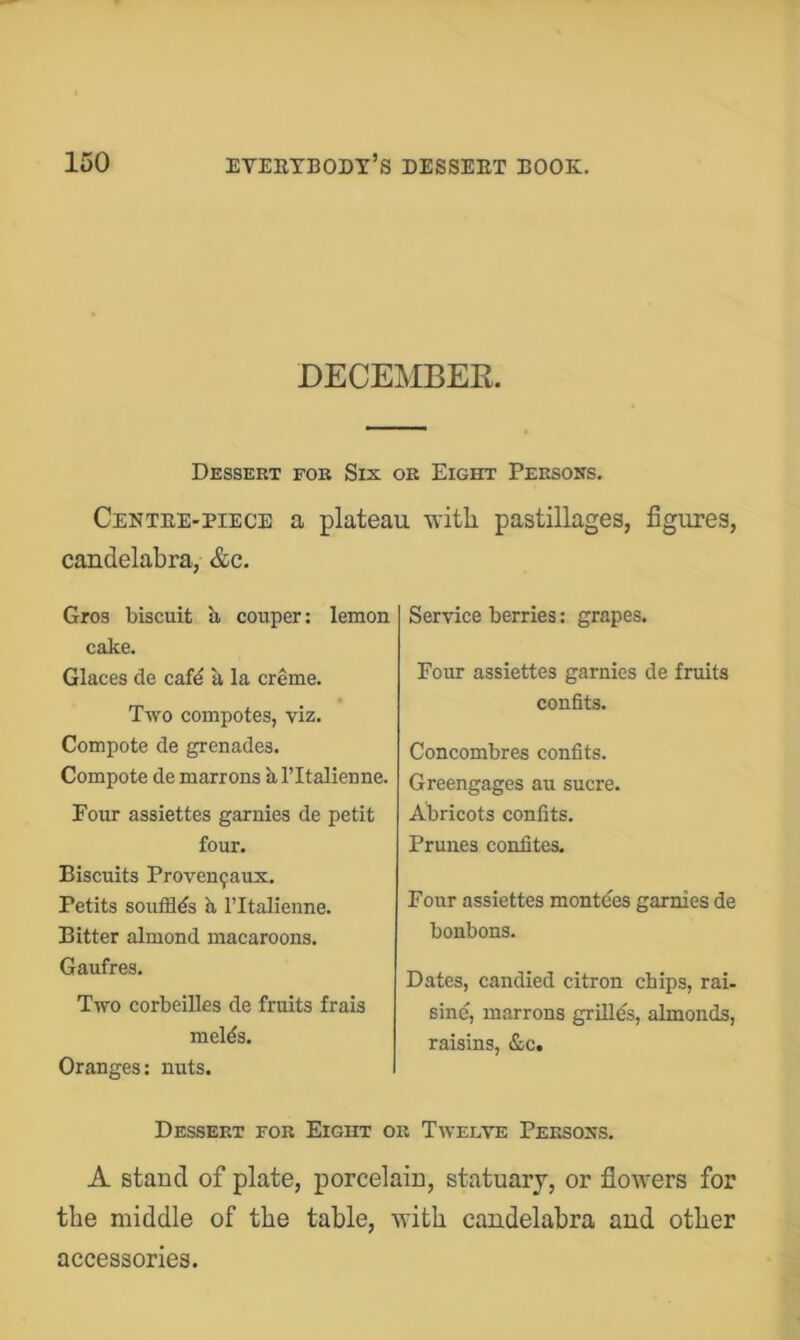 DECEMBER. Dessert for Six or Eight Persons. Centre-piece a plateau with pastillages, figures, candelabra, &c. Gros biscuit b, couper; lemon cake. Glaces de cafd ii la creme. Two compotes, viz. Compote de grenades. Compote de marrons h. ITtalienne. Four assiettes garnies de petit four. Biscuits Proveu9aux. Petits soufflds k ITtalienne. Bitter almond macaroons. Gaufres. Two corbeilles de fruits frais melds. Oranges: nuts. Service berries: grapes. Four assiettes garnies de fruits confits. Concombres confits. Greengages au sucre. Abricots confits. Prunes confites. Four assiettes montees garnies de bonbons. Dates, candied citron chips, rai- sine, marrons grilles, almonds, raisins, &c. Dessert for Eight or Twelve Persons. A stand of plate, porcelaiu, statuary, or flowers for the middle of the table, with candelabra and other accessories.