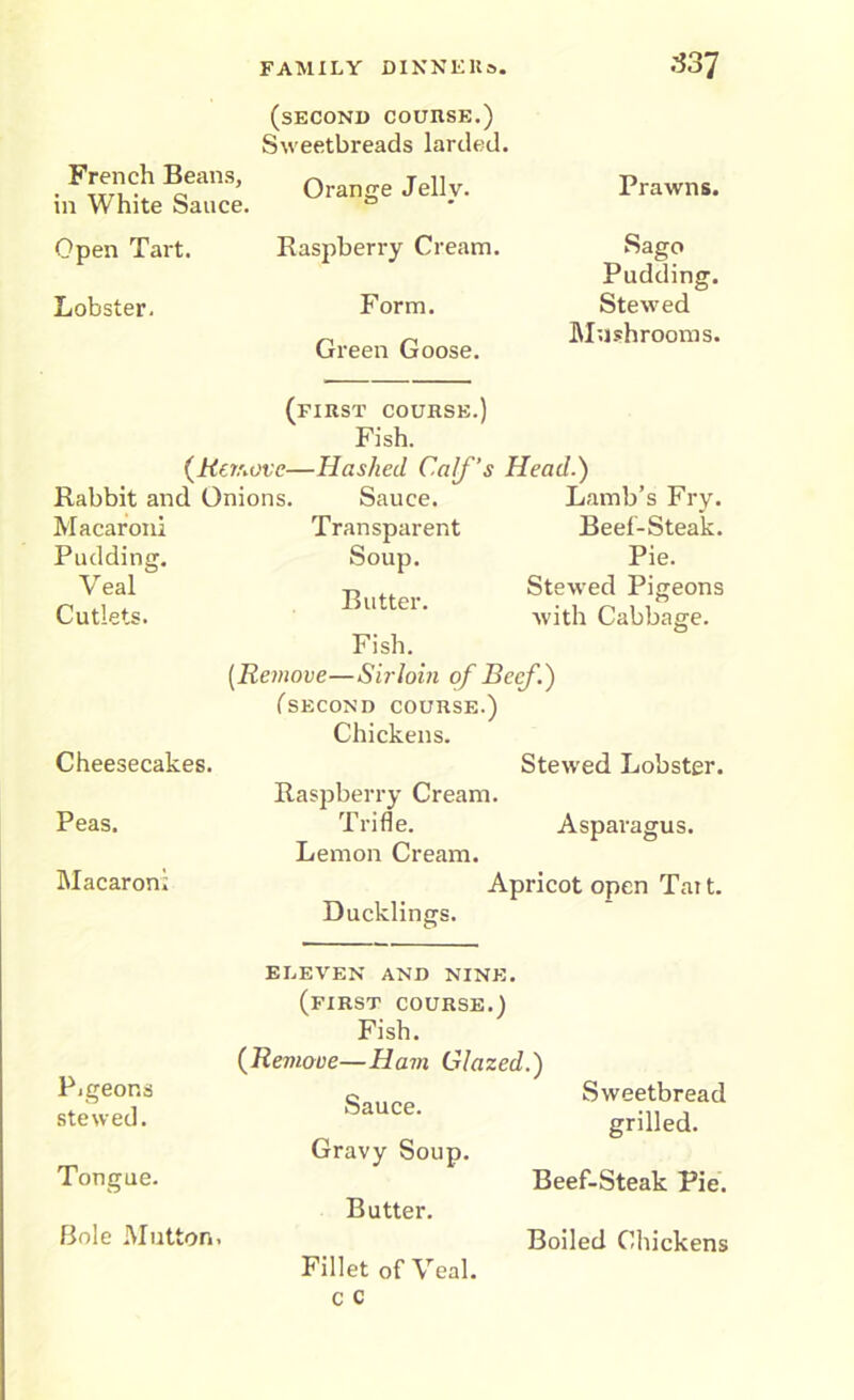 French Beans, in White Sauce. Open Tart. Lobster. (second course.) Sweetbreads larded. Orange Jelly. Raspberry Cream. Form. Green Goose. Prawns. Sago Pudding. Stewed Mushrooms. (first course.) Fish. (Rctmvc—Hashed Calf’s Head.) Rabbit and Onions. Sauce. Lamb’s Fry. Macaroni Transparent Beef-Steak. Pudding. Soup. Pie. Veal Cutlets. Cheesecakes. Peas. Macaroni Butter. Fish. Stewed Pigeons Avith Cabbage. [Remove—Sirloin of Beef.) fSECOND COURSE.) Chickens. SteAved Lobster. Raspberry Cream. Trifle. Asparagus. Lemon Cream. Apricot open Tat t. Ducklings. Pigeons stewed. Tongue. Bole Mutton. ELEVEN AND NINE. (FIRST COURSE.) Fish. (Remove—Ham Glazed.) Sauce. Gravy Soup. Butter. Fillet of Veal. Sweetbread grilled. Beef-Steak Pie. Boiled Chickens