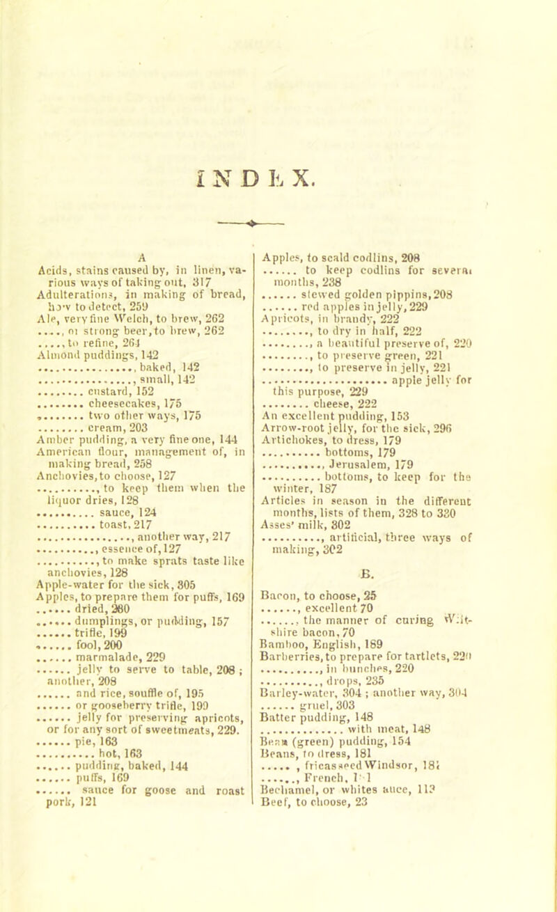 i N D h X. A Acids, stains caused by, in linen, va- rious ways of talcing out, 31 Adulterations, in making of bread, hj-v to detect, 259 Ale, very fine Welch, to brew, 262 oi strong beer,to brew, 262 to refine, 261 Almond puddings, 142 .baked, 142 small, 142 custard, 152 cheesecakes, 1/5 . two other ways, 175 cream, 203 Amber pudding, a very fine one, 144 American flour, management of, in making bread, 258 Anchovies,to choose, 127 to keep them when the liquor dries, 128 sauce, 124 toast, 217 another way, 217 essence of, 127 ,to make sprats taste like anchovies, 128 Apple-water for the sick, 305 Apples, to prepare them for puffs, 169 dried, 260 ...... dumplings, or pudding, 157 trifle, 199 fool, 200 marmalade, 229 jelly to serve to table, 208 ; another, 208 and rice, souffle of, 195 or gooseberry trifle, 199 jelly for preserving apricots, or for any sort of sweetmeats, 229. pie, 163 hot, 163 pudding, baked, 144 ...... puffs, 169 sauce for goose and roast pork, 121 Apples, to scald codlins, 208 to keep codlins for several months, 238 stewed golden pippins,208 red apples in jelly, 229 Apricots, in brandy, 222 to dry In half, 222 a beautiful preserve of, 220 to preserve green, 221 to preserve in jelly, 221 apple jelly for this purpose, 229 cheese, 222 An excellent pudding, 153 Arrow-root jelly, for the sick, 296 Artichokes, to dress, 179 bottoms, 179 Jerusalem, 179 bottoms, to keep for the winter, 187 Articles in season in the different months, lists of them, 328 to 330 Asses’ milk, 302 artificial, three w’ays of making, 302 B. Bacon, to choose, 25 , excellent 70 the manner of curing Wiit- sliire bacon, 70 Bamboo, English, 189 Barberries, to prepare for tartlets, 22b in hunches, 220 .drops, 235 Barley-water, 304 ; another way, 804 gruel, 303 Batter pudding, 148 with meat, 148 Bean (green) pudding, 154 Beaus, to dress, 181 ..... , fricasseed Windsor, 18! French. 11 Bechamel, or whites auee, 11? Beef, to choose, 23