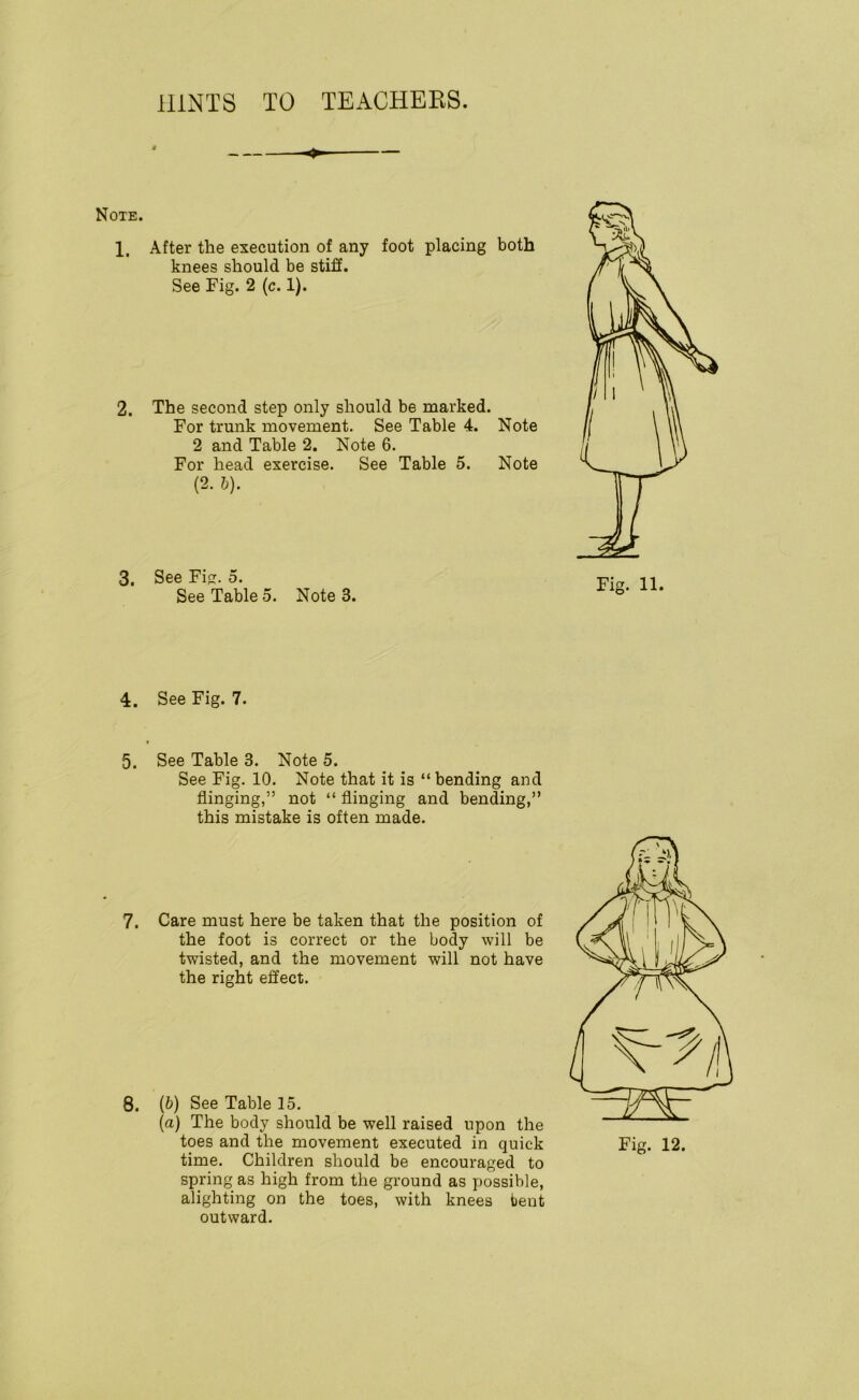 Note. 1, After the execution of any foot placing both knees should be stifi. See Fig. 2 (c. 1). 2. The second step only should be marked. For trunk movement. See Table 4. Note 2 and Table 2. Note 6. For head exercise. See Table 5. Note (2. h). 3. See Fis. 5. See Table 5. Note 3. Fig. 11. 4. See Fig. 7. 5. See Table 3. Note 5. See Fig. 10. Note that it is “ bending and flinging,” not “ flinging and bending,” this mistake is often made. 7. Care must here be taken that the position of the foot is correct or the body will be twisted, and the movement will not have the right effect. 8. (&) See Table 15. (a) The body should be well raised upon the time. Children should be encouraged to spring as high from the ground as possible, alighting on the toes, with knees bent outward.