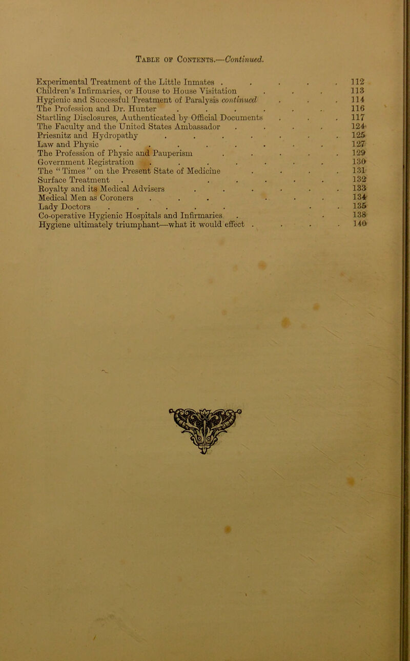 Table of Contents.—Continued. Experimental Treatment of the Little Inmates . Children’s Infirmaries, or House to House Visitation Hygienic and Successful Treatment of Paralysis continued The Profession and Dr. Hunter Startling Disclosures, Authenticated by Official Documents The Faculty and the United States Ambassador Priesnitz and Hydropathy .... Law and Physic ..... The Profession of Physic and Pauperism Government Eegistration .... The “ Times ” on the Present State of Medicine Surface Treatment Royalty and its Medical Advisers Medical Men as Coroners Lady Doctors ..... Co-operative Hygienic Hospitals and Infirmaries Hygiene ultimately triumphant—what it would effect . 112 113