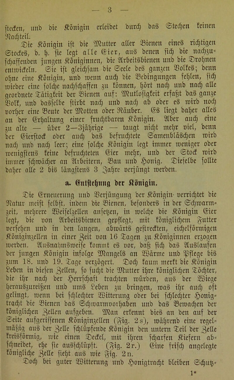 ftccfen, unb bic Königin crtcibct bitrdj baS ©tedjcn feinen Vadjteit. , , ©ic Königin ift bie Butter alter dienen eines nötigen ©todeS, b. h- fie legt alle Eier, auS betten fich bie nad)ju* fdjaffenben jungen Königinnen, bie Arbeitsbienen unb bie ©rohnen entreidetn. ©ie ift gteichfam bic ©cete beS ganjen ©otfeS; beim ohne eilte Königin, unb wenn and) bie ©ebingungen festen, fid) reicher eine fotd)c nadifdjaffen ju tönnen, prt nad) unb nad) alle georbnete ©ätigfeit ber dienen auf: ©hittofigfeit erfaßt baS ganje ©otf, unb baSfelbe ftirbt nad) unb nad) ab ober eS rairb ttod) tjorljer eine ©eute ber Lotten ober Räuber. ES liegt baf)er altes an ber Erhaltung einer frud)tbaren Königin. Aber and) eine ju alte — über 2—3jät)rige — taugt nicht metjr oiel, benn ber Eicrftod ober aud) baS befruchtete ©amenbtäSdjen reirb nad) unb nach teer; eine fotd)e Königin legt immer weniger ober reenigfienS feine befruchteten Eier mehr, unb ber ©tod reirb immer fd)raäd)er an Arbeitern, ©au unb ipoiiig. ©iefelbe fottte bat)er alte 2 bis langftenS 3 3uhrc nerjitngt roerben. a. Entftetjung ber Königin. ©ie Erneuerung unb Verjüngung ber Königin- oerrid)tet bie ©atur tneift fetbft, ittbem bie ©ietten, befonberS in ber ©djraarm» geit, mehrere ©Beifel jetten anfejjett, in reetche bie Königin Eier legt, bic oon Arbeitsbienen gepflegt, mit fönigtiefjent gutter üerfefjen unb in ben taugen, abroärtS geftredten, eid)ctförmigen Königinjelten in einer 3eit oon 16 ©agen ju Königinnen erjogen raerben. AuSnahmSroeife fomrnt cS uor, bajj fid) baS AuStaufen ber jungen Königin infolge Mangels an ©Bärme unb pflege bis jum 18. unb 19. ©agc uerjögert. ©od) faurn merft bie Königin Seben in biefen 3elten, f° fudjt bic ©iutter it)re fönigtidjen ©öchter, bie ihr nach ber ^errfdjafi trachten mürben, ans ber ©Biege herauSjureijjen uttb ttittS 9eben ju bringen, roaS ihr aud) oft gelingt, roettn bei fd)ted)ter ©Bitterung ober bei fdjtedjter §onig= tradEjt bie ©ienen baS ©d)rearmoort)abcn unb baS ©eraad)en ber fönigtidjen gelten aufgeben. ©Am ert'ennt bieS an ben auf ber ©eUe aufgeriffenen Königinjetten ($ig. 2 s), roät)renb eine reget= utafjig auS ber 3ette fd)tüpfenbe Königin ben untern ©eit ber 3elle freisförmig, reie einen ©edel, mit ihren fdjarfen Kiefern ab- fJ«eüjrt, et)e fie auSfrfjtüpft. (3'ig. 2r.) Eine frifd) angelegte föttiglid)e 3ette fietjt auS reie §ig. 2n. ©od) bei guter ©Bitterung unb §onigtrad)t bleiben ©d)uj$= 1*