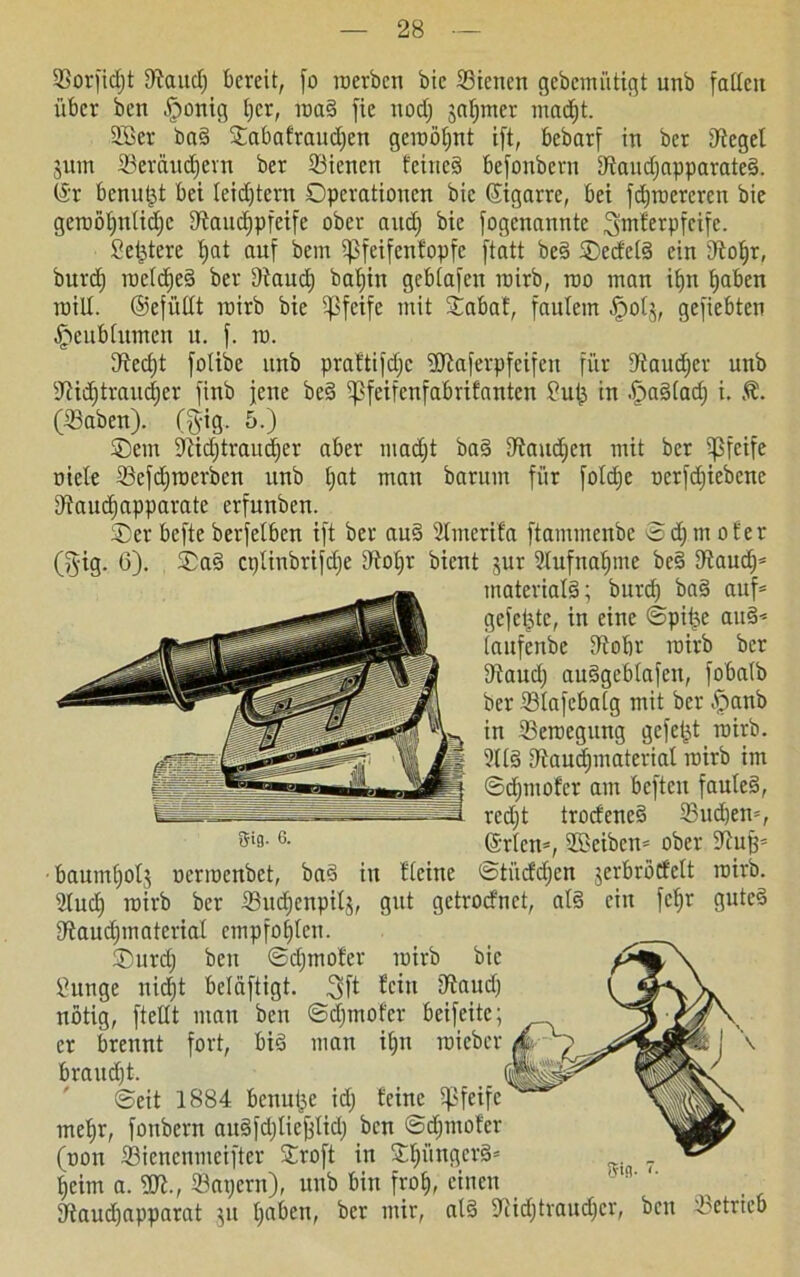 23orfi(f)t dtaud) bereit, fo werben bic S3ienen gebemütigt unb faden über ben £onig t;cr, wa§ fie nod) jaljmcr madjt. 3£er ba§ ©abafraudjen gewöhnt ift, bebarf in ber dtegel jurn 33eräitd)cvn ber 23iencn feinet befonbern dtaud)apparate§. (Sr benutzt bet Ieid)tern Operationen bic (Jigarre, bei fdjwercrcn bie gcroötpdidjc dtaud)pfeife ober and) bie fogenannte 3mferPfcife* Seigere f>at auf bem ißfeifenfopfc ftatt be§ ©edel3 ein dtol)r, burd) weld)e§ ber dtaud) bat)in gebtafen wirb, wo man itjn £>aben will, (gefüllt wirb bie pfeife mit ©abaf, faulem ^)olj, gefiebten ^eublumett u. f. w. dtecljt folibe unb prat'tifdjc dftaferpfeifen für dtaudjer unb dtidftraudjer finb jene be§ ißfeifenfabrifanten ßufj in .^a§lad) i. Ä. (23aben). (gig. 5.) ©ein dtidjtraudjer aber mad)t ba§ dtaiidjen mit ber pfeife niete Scfdjmcrbcn unb t)at man barnm für foldje t>erfd)tebene dtaudjapparate erfunben. ©er befteberfetben ift ber au§ Slmerifa ftammenbe öc^moter (gig. 6). ©a§ cplinbrifd)e dM)r bient jur dlufnalpne be§ dtaud)* materiale; burd) ba§ auf* gefegte, in eine Spitze au§* laufenbe dt obr wirb ber dtaud) auägeblafen, fobalb ber Slafebalg mit ber ^lanb in Bewegung gefegt wirb. ?[(§ dtaudjmaterial wirb im ©djmofer am bcftcu faulet, redjt trodencS 23ud)en*, ©rlctt*, Höeibcn* ober dtufj* bauml)otj uerwenbet, bad in Heine ©tücfdjen jcrbrödclt wirb, dlud) wirb ber 23ud)enpit$, gut getroefnet, al§ ein fcljr gute§ dtaudjmaterial empfohlen. ©urd) ben ©djmofer wirb bic Rurige nidjt beläftigt. 3ft fein dtaud) nötig, ftellt man ben ©djmofcr beifeitc; er brennt fort, bie> man iljn wicber \ braudjt. ©eit 1884 benutze id) feine pfeife meljr, foubern au€fd)liefjlid) ben ©djmofer (non Siencnmeifter Oroft in OljüngctsB* Ijcim a. dJi., Sapern), unb bin froE), einen dtaudjapparat ju traben, ber mir, al§ dtidjtraudjcr, ben betrieb Sie- G- 5<n- 7-