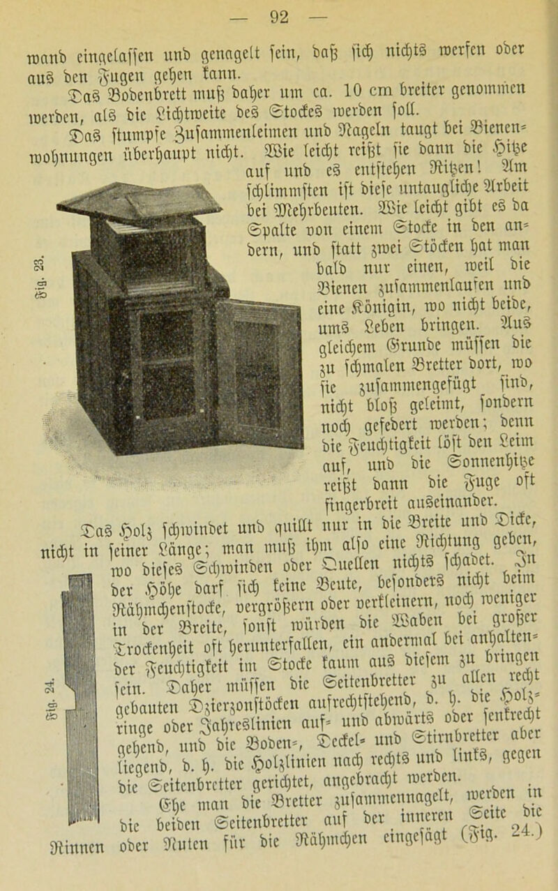 tüctnb ctnc^ctaffen unb genagelt fein, baff fidj nidjts roerfen ober au§ ben Rügen get)en tann. ©a§ ©obenbrett muff bafeer um ca. 10 cm Bretter genommen merben, al§ bie Sid)troeite bed ©toded roevben fod. _ ®a§ ftumpfe gufammenteimen unb hageln taugt bet ©tenen® roobnungen überhaupt uidjt. Sßie teidjt reifet fie bann bte auf unb e§ ent)tc£)en dtifeen! 2tm fd)timmften ift biefe untauglidjc Arbeit bei ©Mpbeuten. ©Me leidjt gibt e§ ba ©patte non einem ©tode in ben an® beim, unb ftatt jroei ©töden feat man batb nur einen, roeit bie ©icnen juiammentaufen unb eine Königin, rao nid)t beibe, umd ßebett bringen. 3tu§ gteid)cm ©runbe müffen bie ju fdjmatcn Bretter bort, rao fic jufammengefügt finb, nid)t btofe geleimt, fonbern nodj gefebert roerben; benn bie geud)tigfeit [öft ben Seim auf, unb bie _ ©onnentjiije reifet bann bie guge oft fingerbreit auScinanber. £a§ ßolt fdirainbet unb quidt nur in bie ©reite unb Stde, „idil in feiner Sänctt; man inufi ihm atfo eine SRt^tunä seien, reo biefcä @d)roiiiben obev Quellen nufltä fdjabet. «jn Z 6B(,e darf jid, feine SBeute, befonbt« n.4,t 6t,m iRäfjiucIjeuftorfe, »erjtö&ern ober in ber ©reite, fonft rauvben bte 2öaben bet grofec ©rodenbeit oft feeruntcrfailcn, ein anbermat bet autjaltcu® ber Rcuditigfeit im ©tode faurn aud btefem ju bringen fein, ©aber muffen bie ©eitenbretter ju aUcn tedjt gebauten ©pcqouftödeu aufrcd)tftct)cnb, b. ^ Ä i-iuae ober RabrcStinicn auf® unb abraartd ober jenttecpr aeSnb unb bie ©oben®, ©edet® unb ©tirnbret er abe tiegenb, b. fe. bie £ot&linien nad) redjtS unb tmt3, gegen bie5 ©eitenbretter gerietet, angebracht roerben. ©fee man bie ©retter 5ufammcnnagett, raetb n tu - bie beibeit ©eitenbretter auf ber _ muereu |ette bte Dünnen ober ©utcu für bie ©äfemdfen etngefagt CüHJ. &-)