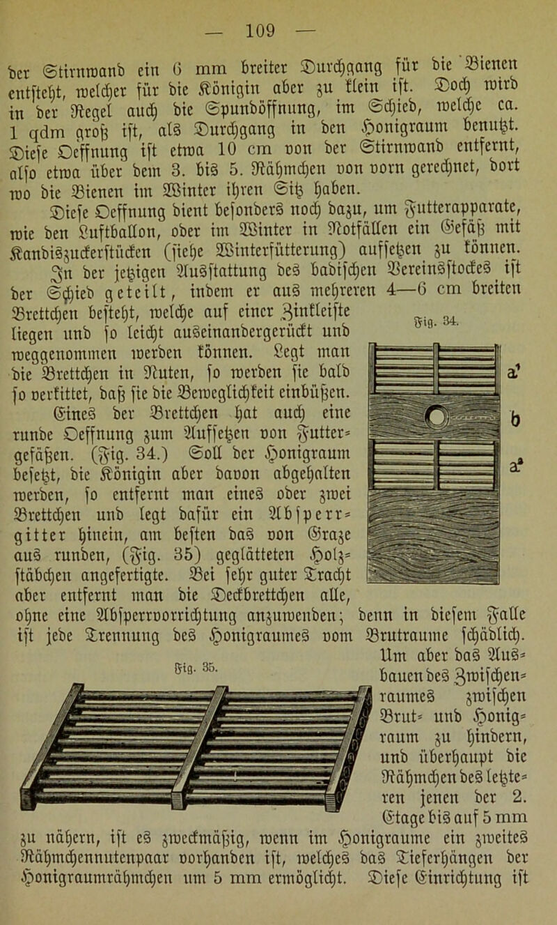 »ifl. 34. bcv ©tirnroanb ein (5 mm breitet ©urdjgang für bie Sicnctt cntftcbt, rocldjcr für bie Königin aber gu Hein ift. ®oct) wirb in ber Sieget aud) bie ©punböffnmtg, im ©djicb, meldje ca. 1 qdm grofc tft, (tl§ ®uvd)gcing tu beit ^onigvcutnt benutzt, ©iefe Dcffnung ift etma 10 cm non ber ©tirnroanb entfernt, atfo etroa über bein 3. bis 5. Siäf)md)en non norm geredjnet, bort ino bie dienen im SBintcr itjren ©i£ l)aben. ®icfe Dcffnung bient befonberS nod) bagu, um gutterapparatc, rcie ben ßuftballon, ober im SBinter in Slotfällen ein ©efäfs mit ÄanbiSgucferftitcfen (fietje SBinterfütterung) auffe^en gu fönnen. 3n ber jetzigen HuSftattung beS babtfdjen SercinSftocfeS ift ber ©$ieb geteilt, inbem er auS mehreren 4—6 cm breiten ffirettdjen befielt, roeldje auf einer ^inHeifte liegen unb fo leidjt auSeinanbergerücft unb meggenommen merben tonnen. ßegt man bie Srettdjen in Stuten, fo merben fic batb fo oerfittet, baff fie bie Serocglidjteit einbüfjen. ©ineS ber ©rettdjen Ijat audj eine runbe Oeffnung gum Huffeijen oon $utter* gefäffen. (fyig. 34.) ©oll ber ^onigraum bcfetjt, bie Königin aber baoon abgefjaltcn merben, fo entfernt man citteS ober groei Srettdjen unb legt bafür ein 2lb fperr* gitter hinein, am beftcn baS oon ©rage auS runben, (§ig. 35) geglätteten .jpolg= ftäbdjcn angefertigte. Sei feljr guter Sradjt aber entfernt man bie ®edbrcttd)en alte, otpic eine Slbfperroorridjtung anguroenben; benn in biefem $alle ift jebe Trennung beS ^rontgraumeS norn Srutraume fdjäblid). Um aber baS 2luS* bauen beS groifdjen* raumeS groifdjen Sru© unb £>onig= raum gu tjinbern, unb überhaupt bie StäljmdjenbeS teilte* ren jenen ber 2. ©tage bi§ auf 5 mm gu nätjctn, ift cS groccfmäfüg, roenn im §onigranme ein groeiteS 9iat)md)ennutcnpaar oortjanben ift, roeldjeS baS ®iefcrt)ängen ber Jponigraumräl)mä)en um 5 mm ermöglicht. ®iefe ©inridjtung ift Gtfl. 35.