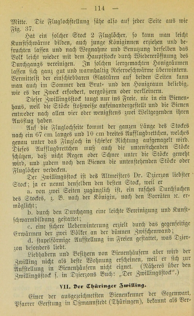 gjttttc. ®tc $tuglod)ftcHung jäf)c atfo auf jebet ©eite au§ raic ^ig. 37. 'pat ein foldjer ©tocf 2 gluglödjer, jo fann man teid)t Kunftfdjraarme Silben, aud) junge Königinnen er$iet)en unb be= fragten taffen unb nadj Jßegnafjme unb Senutjung berjelben ba§ «Bol! lcid)t raiebcr mit bem Jäuptftode burd) 2Biebereröfjnung be§ ©urdjgangg Tiereinigen. S« fotd;en leergemadjten fponigräumen taffen fid) ganj gut unb mavmbaltig Dtejeroejdiroärme übevraintern. Sermitteljt bei einjdjicbbaren ©ladtüren auf bciben ©eiten fann man aud) im ©ommer ben Srut* unb ben §onigraum beliebig, rcic e§ ber 3roed erforbert, oevgröjjern ober nertleinern. SDiefer 3raitting§jtod taugt nur in§ $reie, nie in ein Sienen* baud, noeil bie ©töcte ftofsroeifse aufeinanbergeftellt unb bie Bienen entroeber nad) allen uier ober rocnigftcnS jraci SBeltgegenben i^ren 2(u§flug haben. Stuf bie js'luglocbfeite tommt ber ganzen Sänge be§ etodeö nach ein 67 cm langeä unb 10 cm breiteg 2tufflugbiettd)en, raeldjcd genau unter ba§ §luglod) in fc^tefer Dichtung aufgenagelt rairb. ©tejed Slufflugbrettdjen mufj aud) bie untenitct>enben ©tode fÄüfeen, bajj nicht dtegen ober ©djnee unter bie ©töde geraef)t rairb, unb jubem nod) ben Bienen bie untenftel)enben ©töde ober gtuglödjer nerbeden. ©er 3raiUing§ftod ijt be§ 2lltmeifter§ Dr. ©jterjon Itebfter ' ©tod; ja er nennt benfclben ben bejtcn ©tod, racil er a. non jroei ©eiten jugänglid) ijt, ein rafdjed SDurdjfudjen be§ ©todeä, j. S. nach ber Königin, nad) ben Vorräten ic. er* möqlidit; _ , , . _ r, L b. burd) ben ®urd)gang eine tcicfjtc Bereinigung unb Kunjt* jd)roarmbitbung gejtattet; . . . c. eine jid;ere Ueberrointerung erjielt burd) bad gcgcu]cittgc ©marinen ber ^raci Bölfer an ber bitnncn 3roifd)curoanb d. jtapeljörmige dufftcllung im freien gejtattet, raa§ Sjier* ran bejonberä liebt. Siebbabern unb Bcfilje.rn non Sicnen()äufetn aber rairb bei aroitting nid)t atS bejtc SSotjnung erjd)eincn, roetl erpet) pr SlujjteQung in Sicncnl)äufern nid)t eignet. (DTabereg über cn 3raillinggjtod j. in SDjierjonS Sud): „$)er 3roitting§ftod .) VII. x>cc »IljMr«t«gcr Shilling. ©incr ber au§gcjcid)netftcu Bienenfenner ber ©egenroart, Pfarrer ©erftung in Ojjmannftcbt (Gl)üringcn), betannt ab Ber-